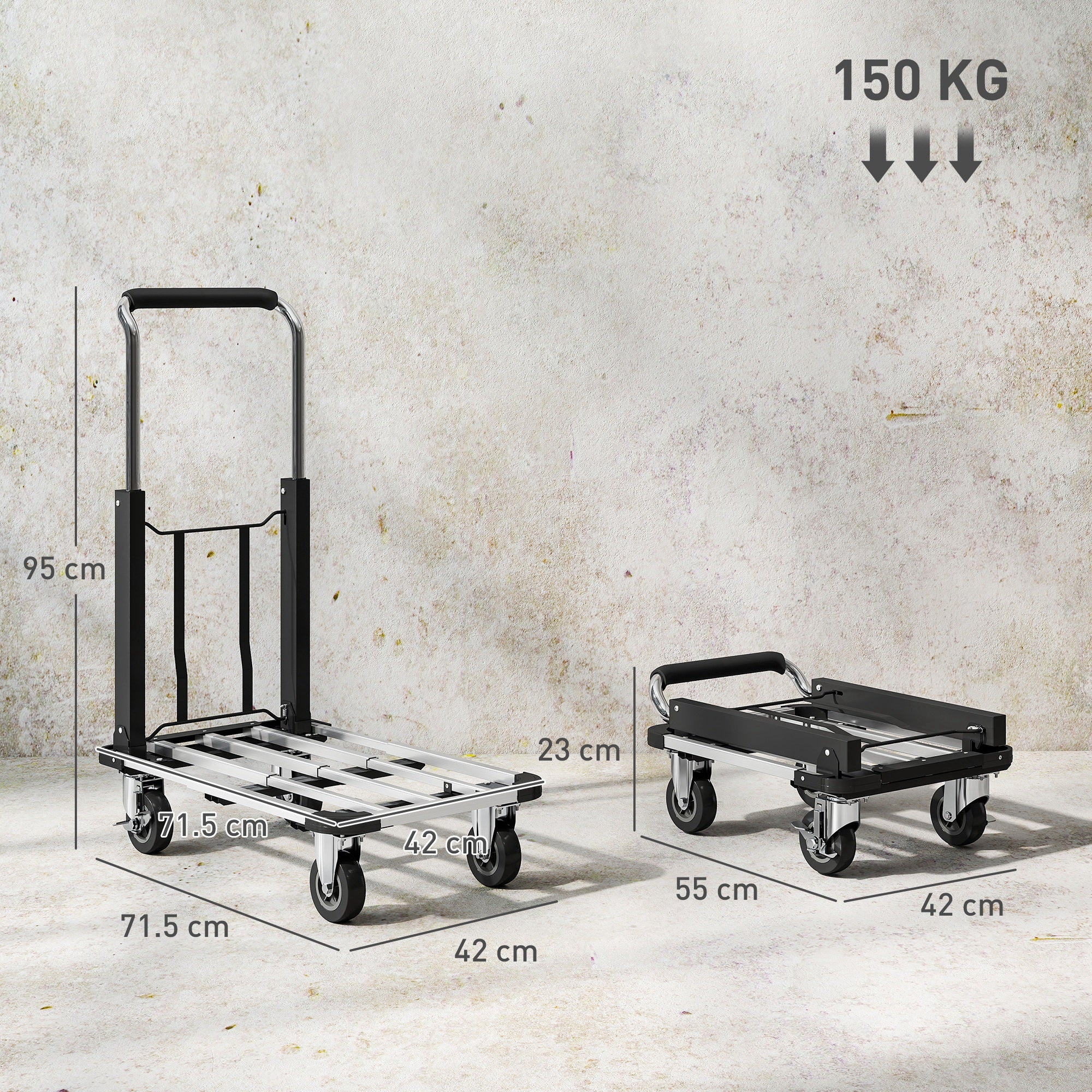 Folding Luggage Cart with Extendable Platform, 150 kg Capacity, Adjustable Handle, Silver