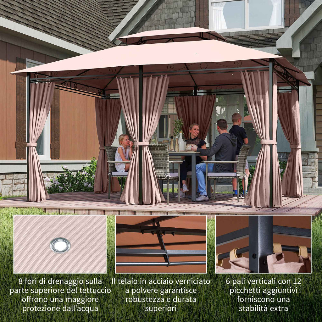 Outsunny 4x3m Garden Gazebo with Double Roof and Side Awnings in Steel and Polyester, Khaki Color