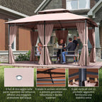 Outsunny 4x3m Garden Gazebo with Double Roof and Side Awnings in Steel and Polyester, Khaki Color