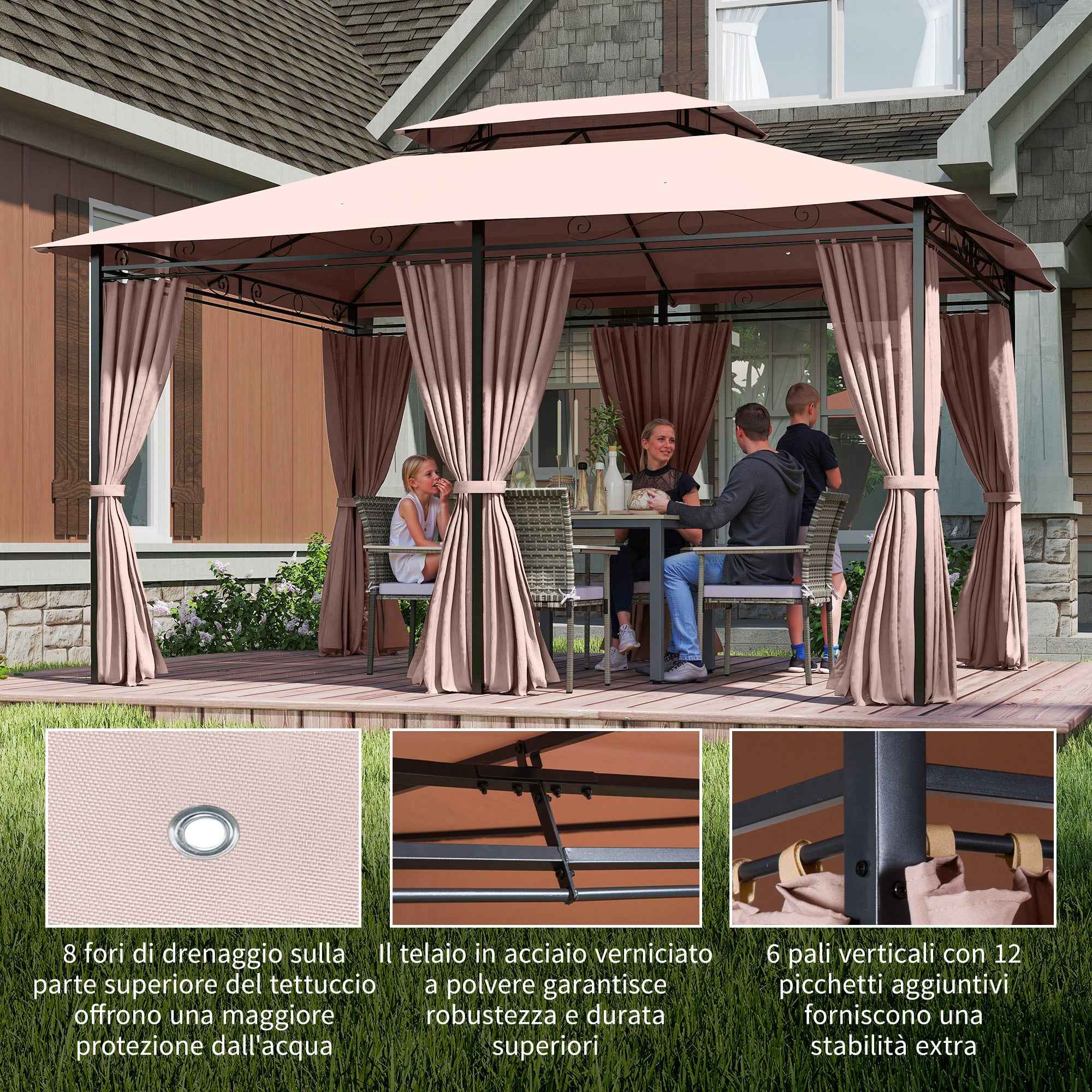 Outsunny 4x3m Garden Gazebo with Double Roof and Side Awnings in Steel and Polyester, Khaki Color