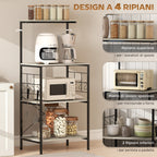 4-Tier Kitchen Shelf with Mesh Panels and 8 Hooks, Industrial Style, 60x42x134.5 cm, Oak