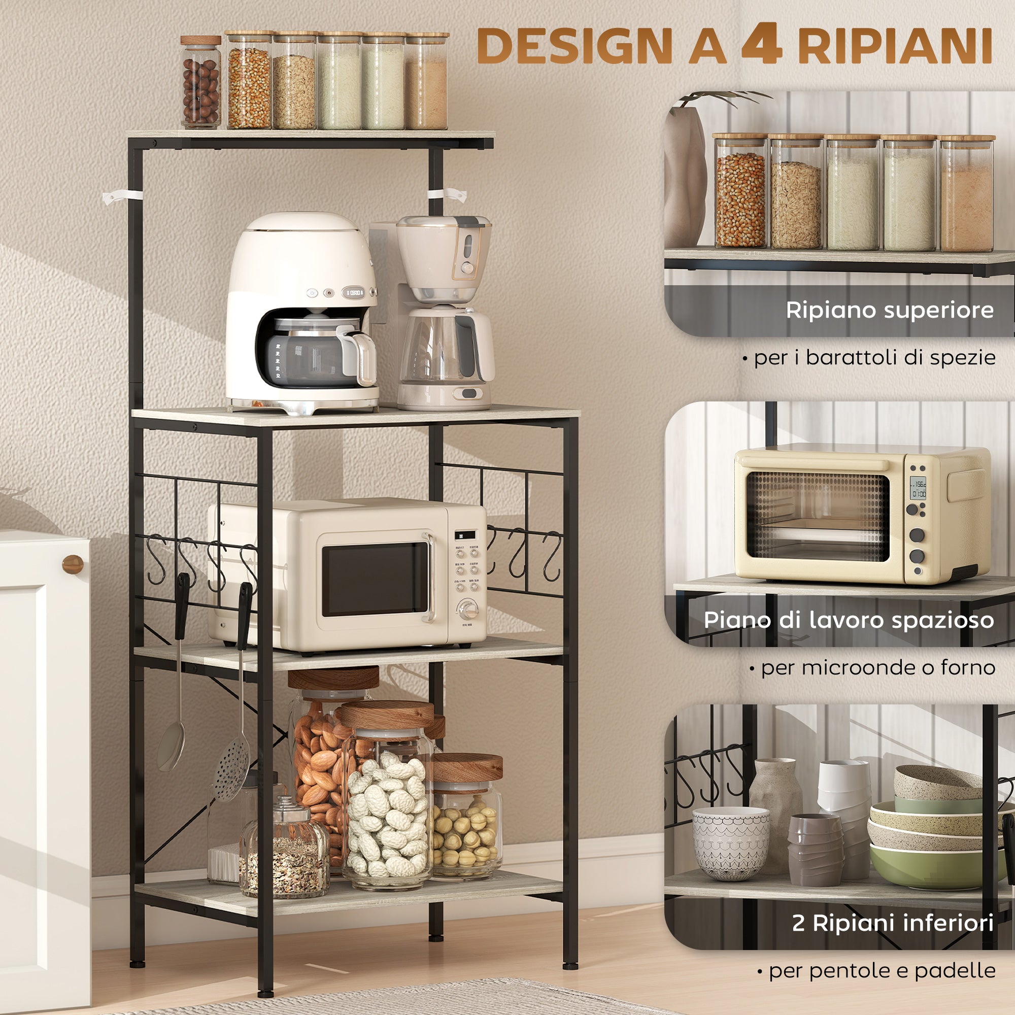 4-Tier Kitchen Shelf with Mesh Panels and 8 Hooks, Industrial Style, 60x42x134.5 cm, Oak