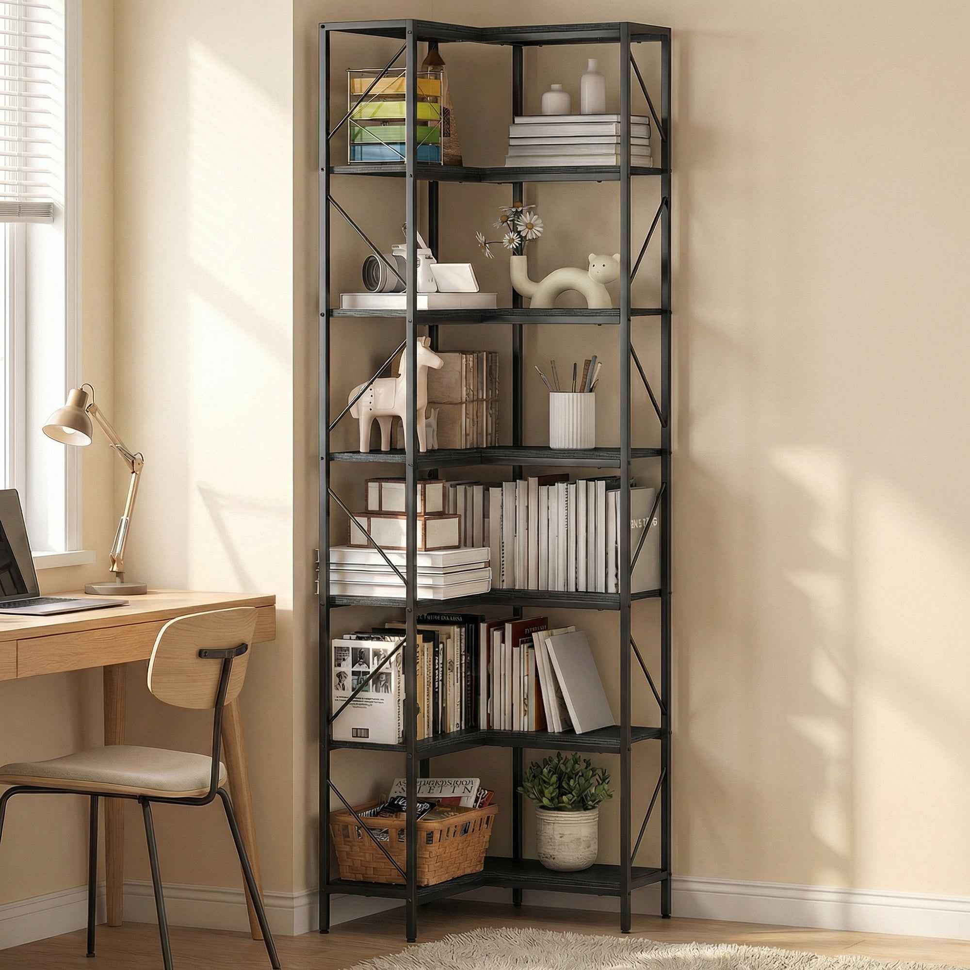 7-Tier Corner Bookcase, Industrial Shelf, Black Wood Effect