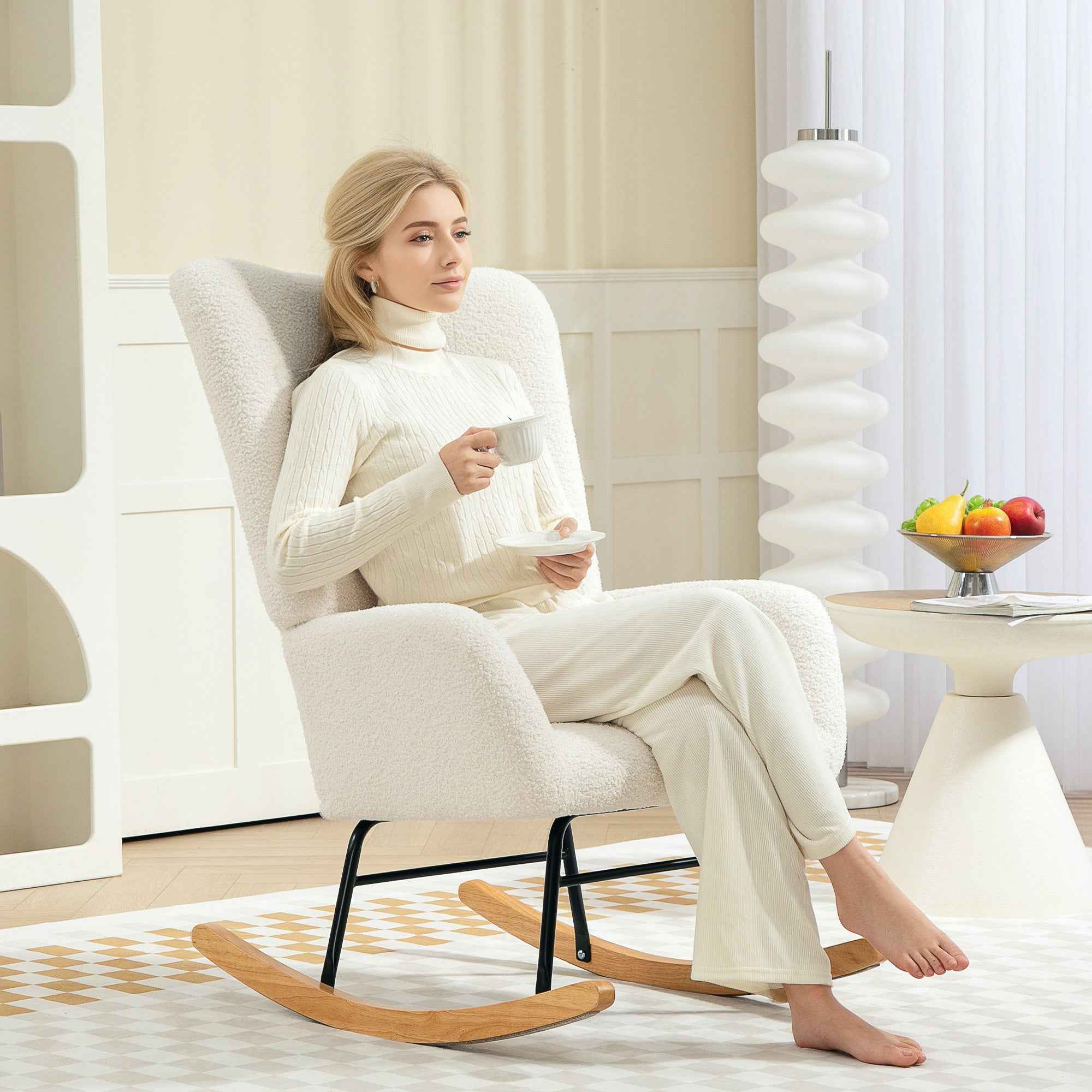 Teddy Velvet Rocking Chair, Metal and Wood for Bedroom and Living Room, 70x94x100 cm, Cream White