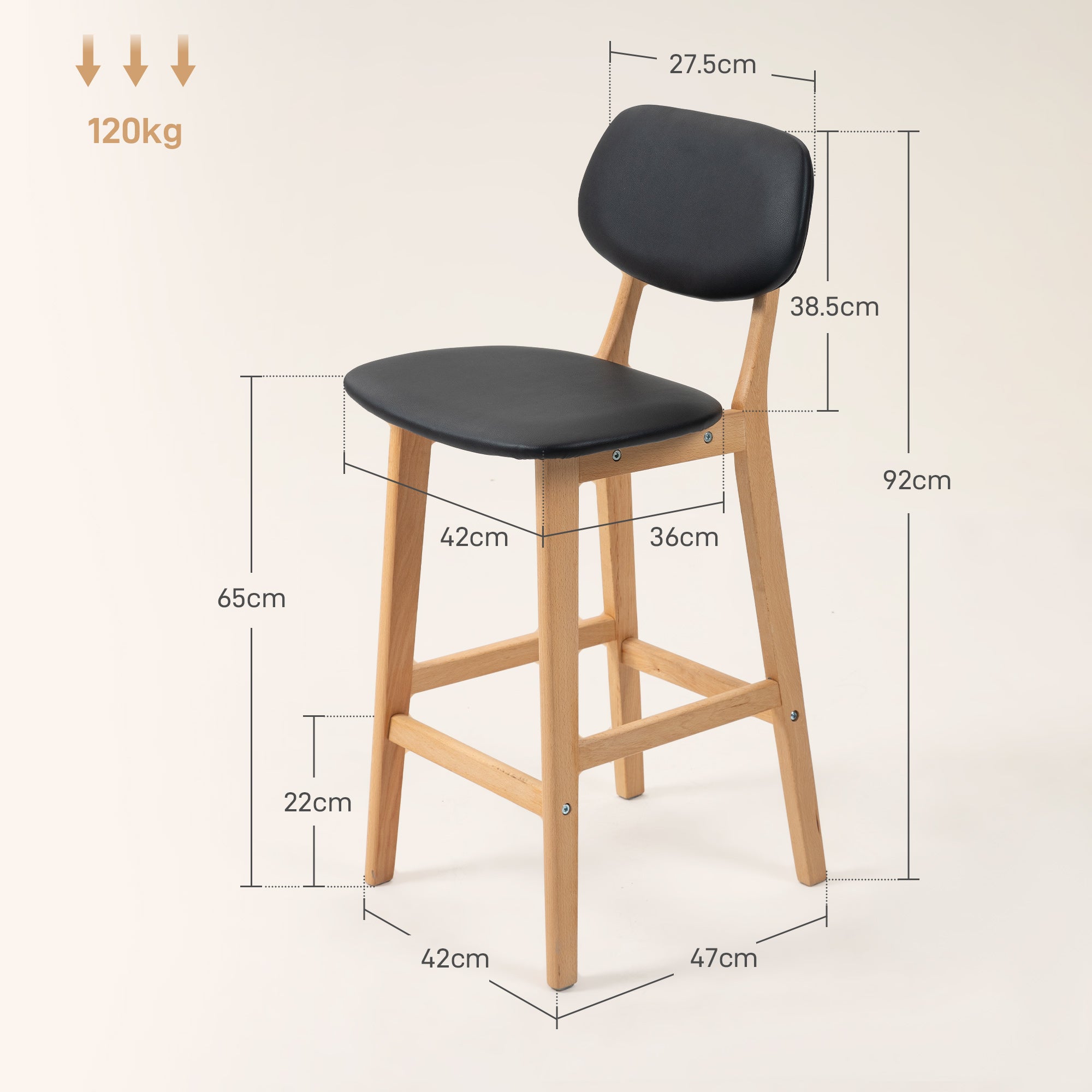 Set of 2 Bar Stools with Backrest, Faux Leather Cover and Footrest, 42x47x92cm, Black - Borgè