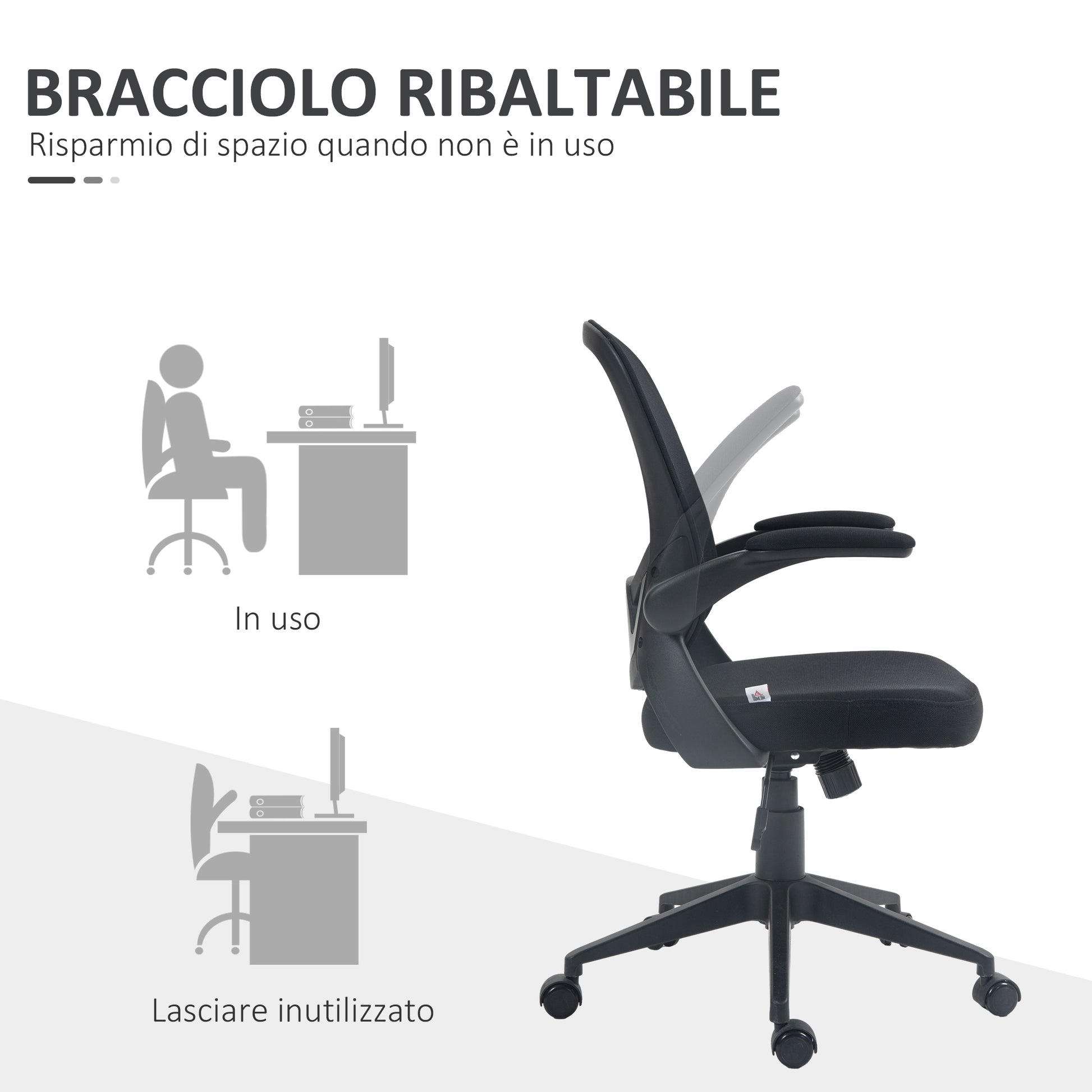 HOMCOM Ergonomic Office Chair with Adjustable Height, Folding Armrests and Mesh Fabric, Black - Borgè