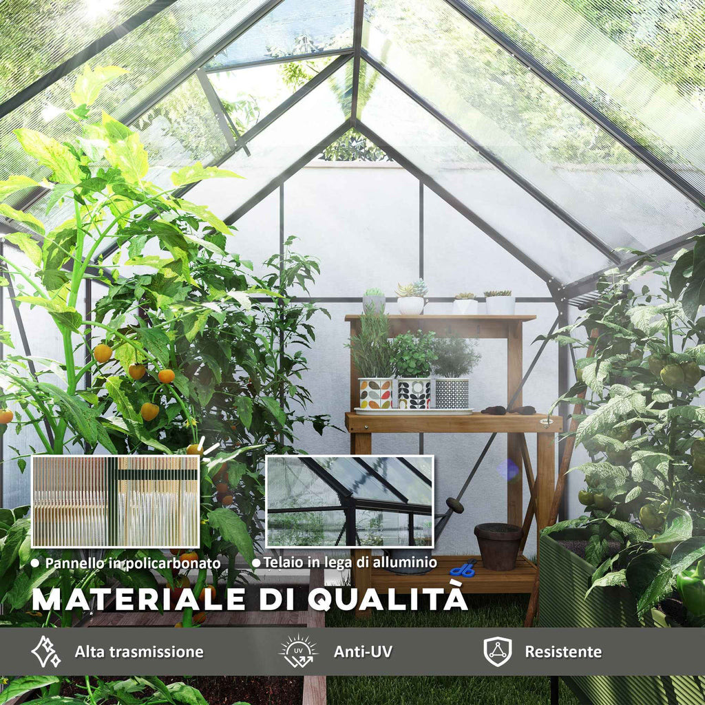 Outsunny Polycarbonate and Aluminum Greenhouse with Opening Window and Sliding Door, 190x253x199 cm, Dark Gray