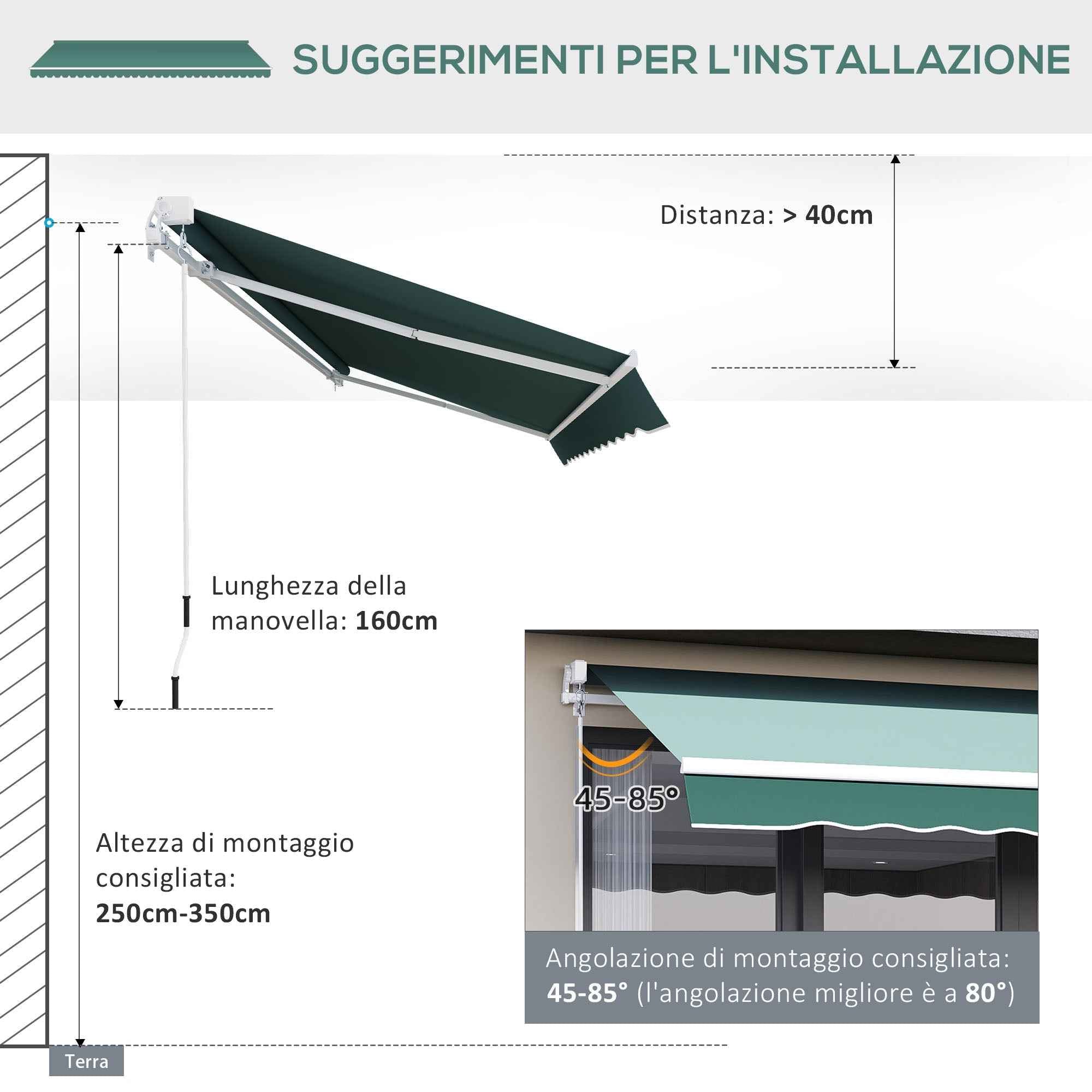 Outsunny 2.5x2m Manual Roller Arm Awning in Aluminum and Polyester, Green
