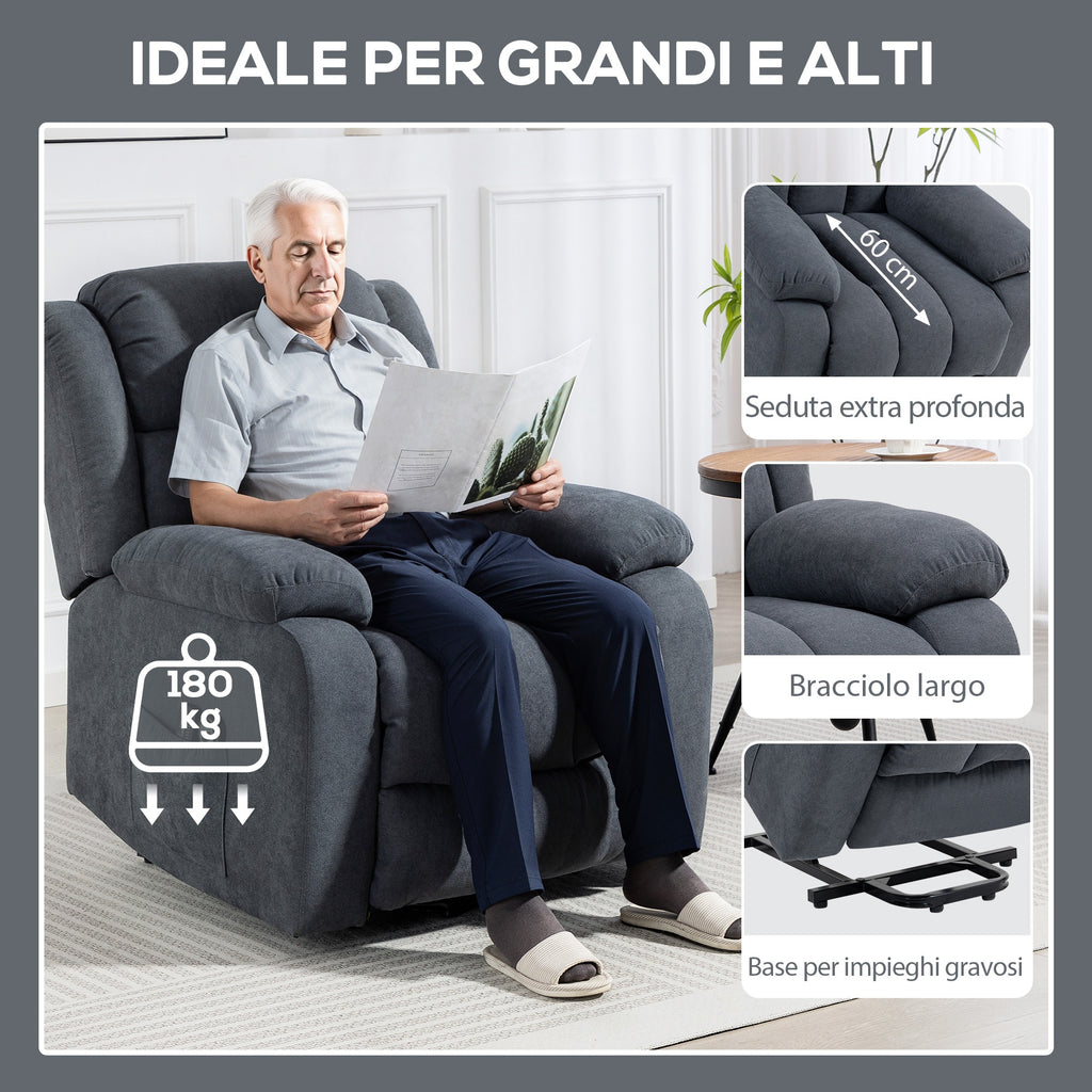 135° Electric Lift Reclining Chair in Linen Effect Fabric with Footrest, Dark Grey