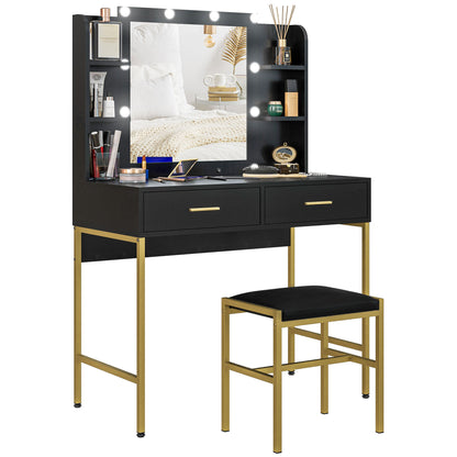 Vanity Dressing Table with 2 Drawers, 6 Shelves, Mirror and Stool, in Wood and Steel, 90x45x132.5 cm, Black