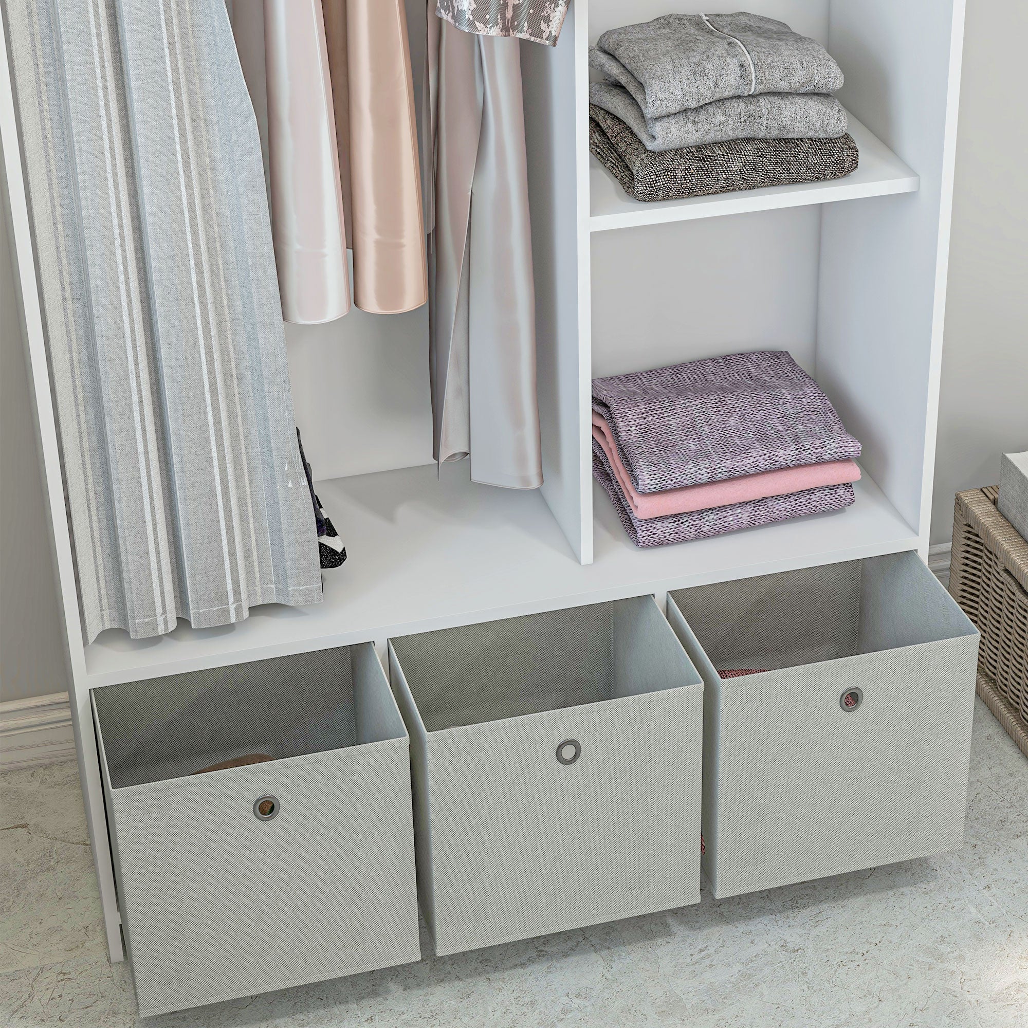 Wardrobe with Hanging Rail, 3 Fabric Drawers and 3 Shelves, 105x48x160 cm, White and Grey