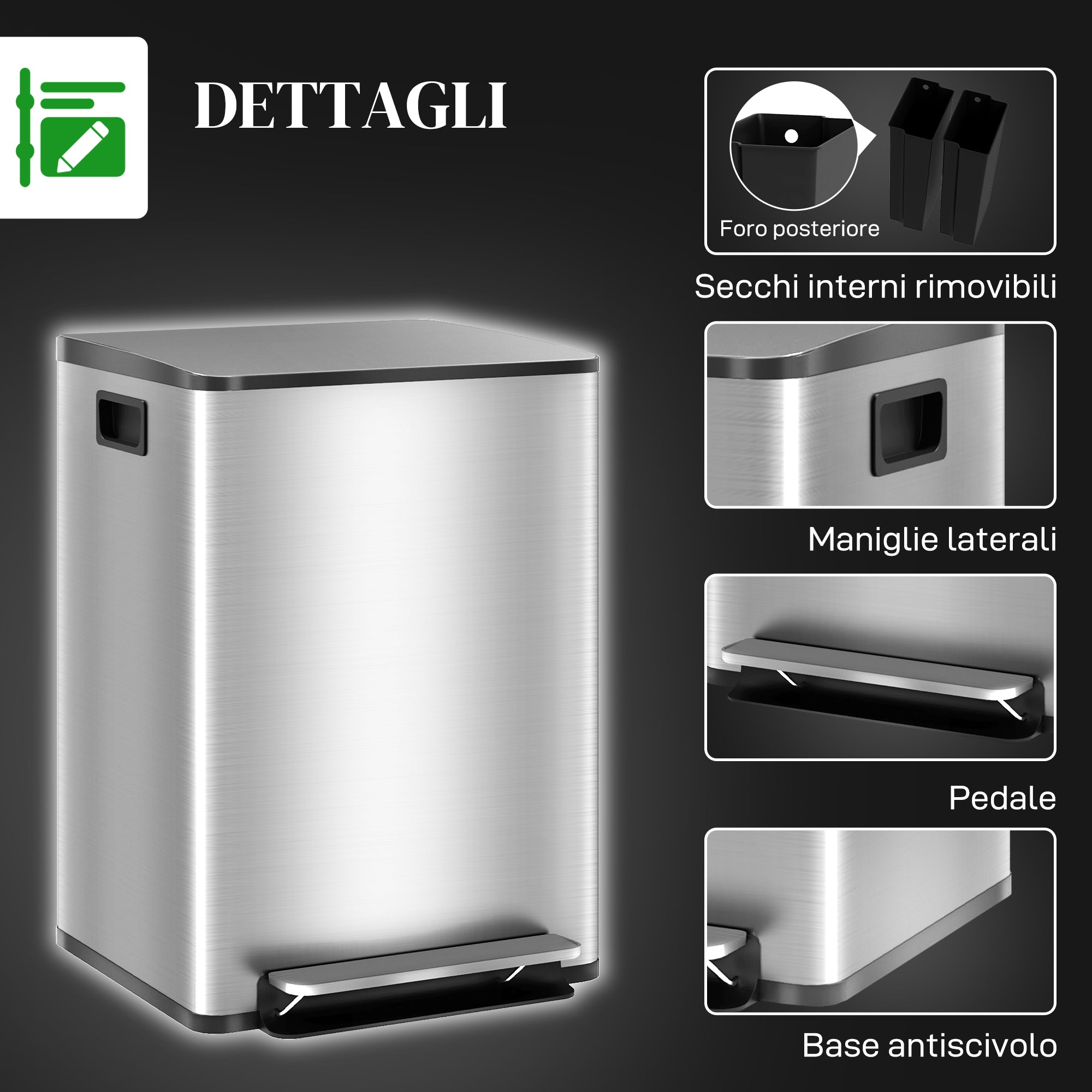 Dustbin 20L 2-Section Pedal Waste Bin with Silent Lid, in Stainless Steel and PP, 41.8x36.7x58 cm