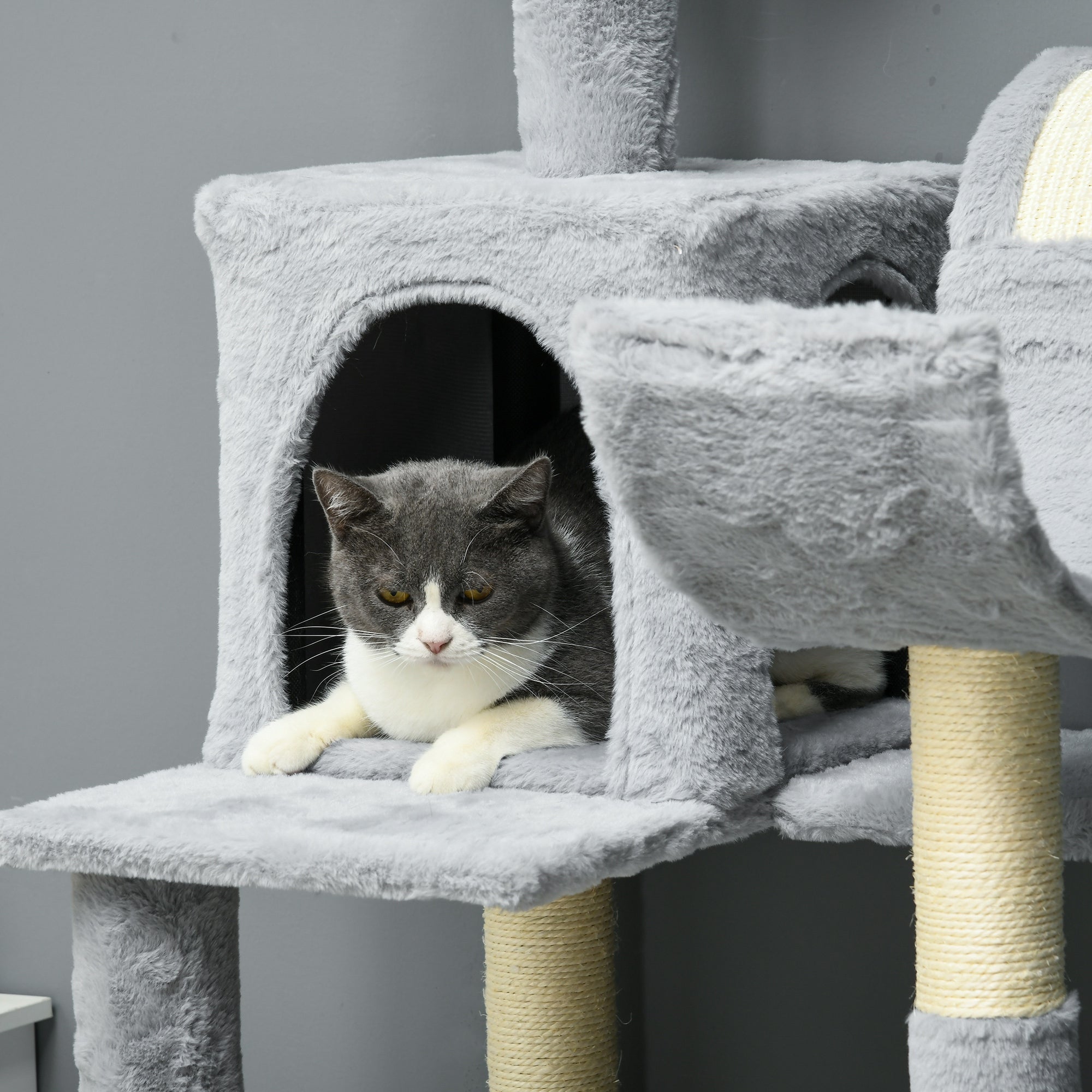 Pawhut for cats with hammocks, cot and 2 houses, in chipboard and plush, 55x49x177 cm, gray and white - Borgè