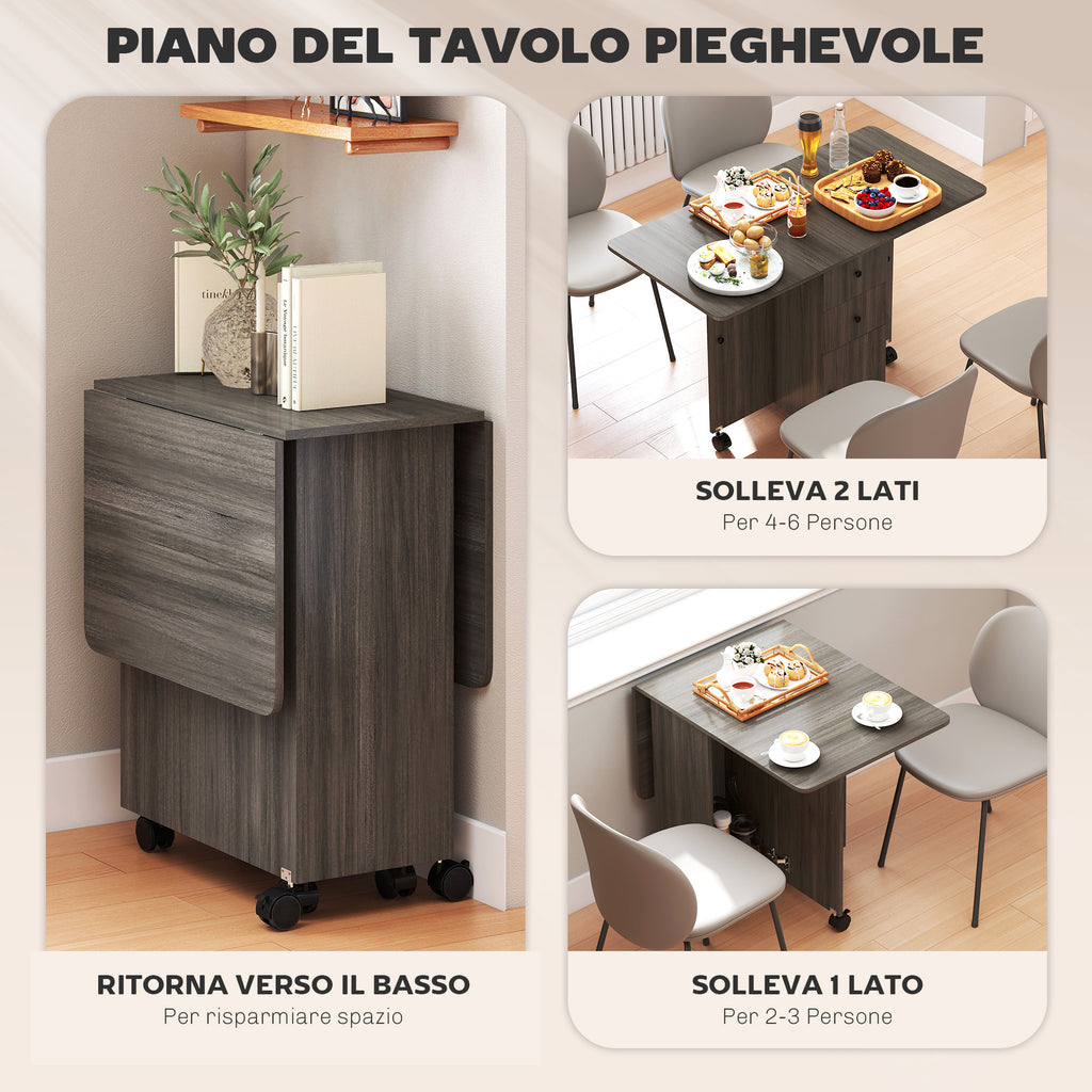 6-Wheel Drop-Leaf Table with 2 Drawers and Cabinet Doors, Wooden, 120x60x76.5 cm, Grey