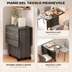 6-Wheel Drop-Leaf Table with 2 Drawers and Cabinet Doors, Wooden, 120x60x76.5 cm, Grey
