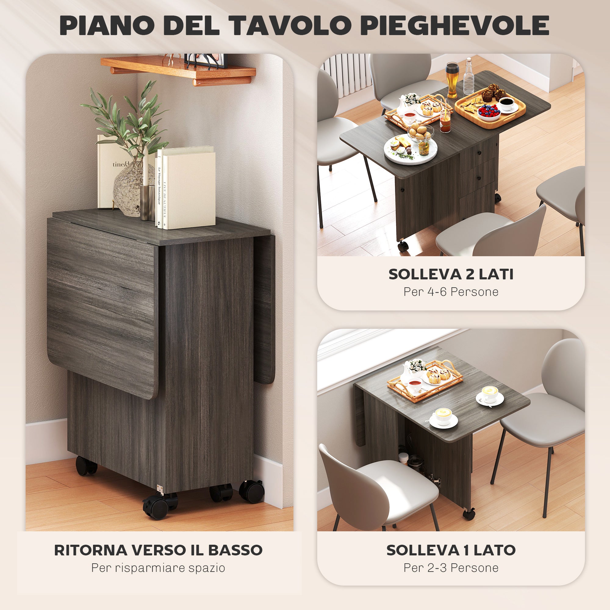 6-Wheel Drop-Leaf Table with 2 Drawers and Cabinet Doors, Wooden, 120x60x76.5 cm, Grey