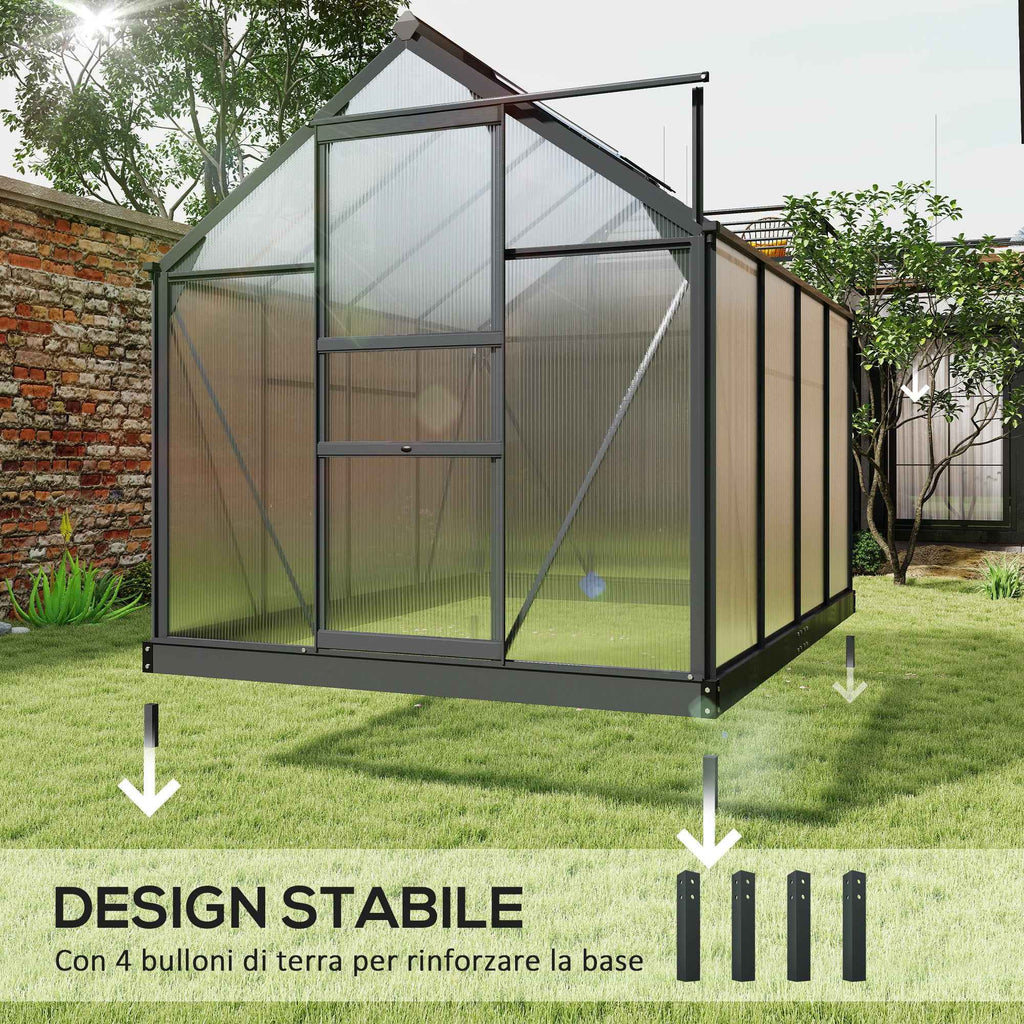 Outsunny Polycarbonate and Aluminum Greenhouse with Sliding Door, Air Vent and Gutter, 190x252x201 cm, Gray
