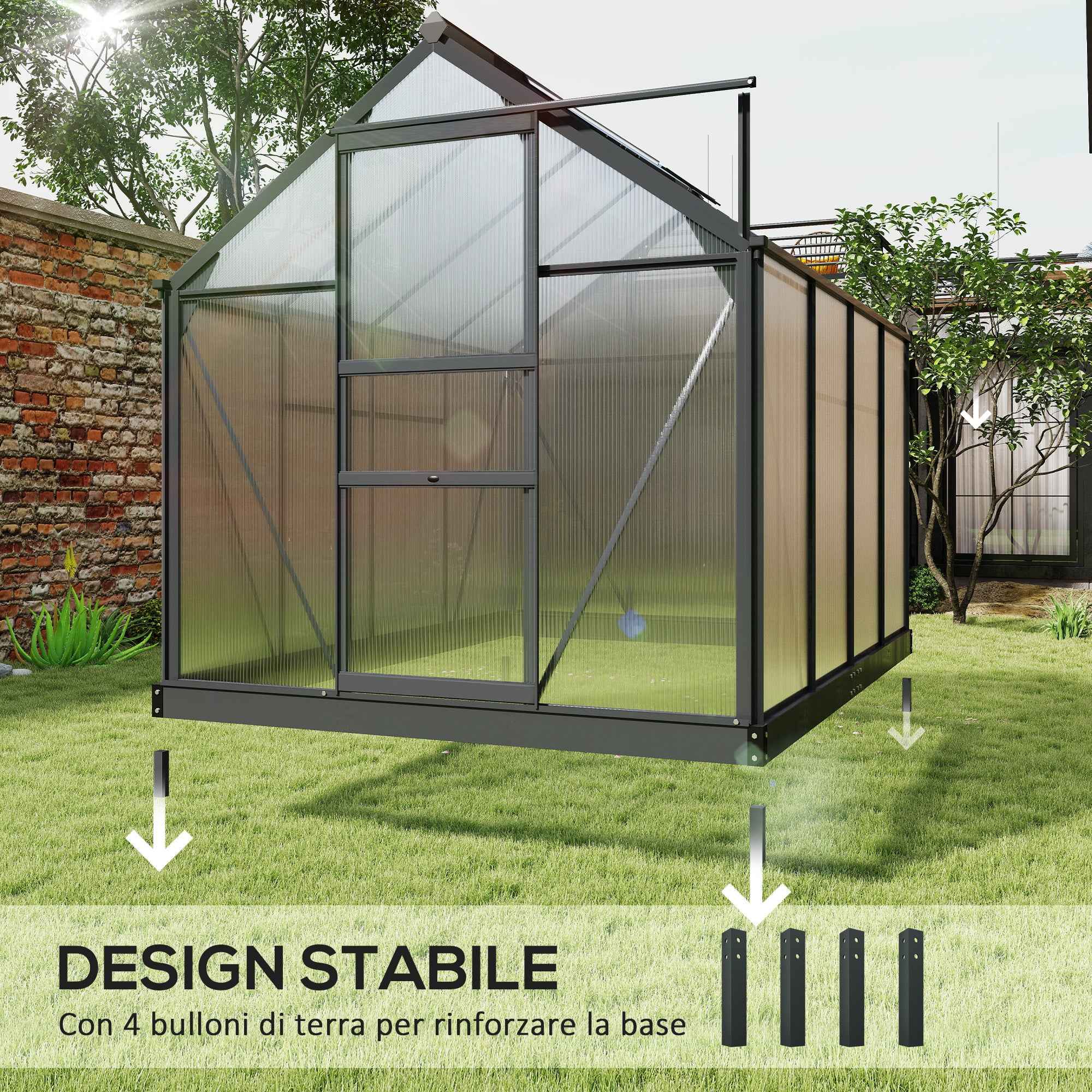 Outsunny Polycarbonate and Aluminum Greenhouse with Sliding Door, Air Vent and Gutter, 190x252x201 cm, Gray
