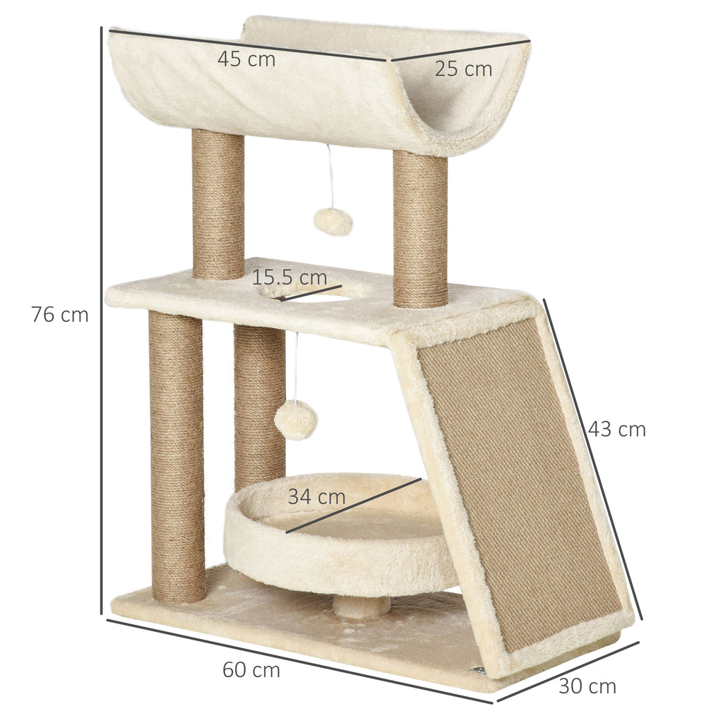 Cat Tree with Cat Bed, Kennel and Mat, Made of Wood, Plush and Sisal, 60x30x76 cm, Light Brown