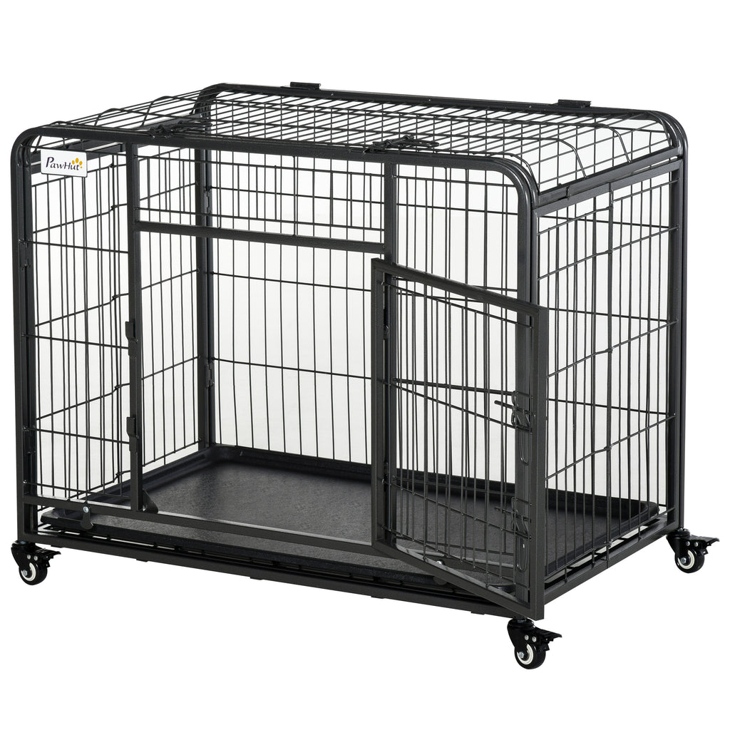 Folding Dog Kennel with Double Door and Lock, 4 Wheels with Brakes and Removable Bottom, 94x58x69.5 cm, Grey