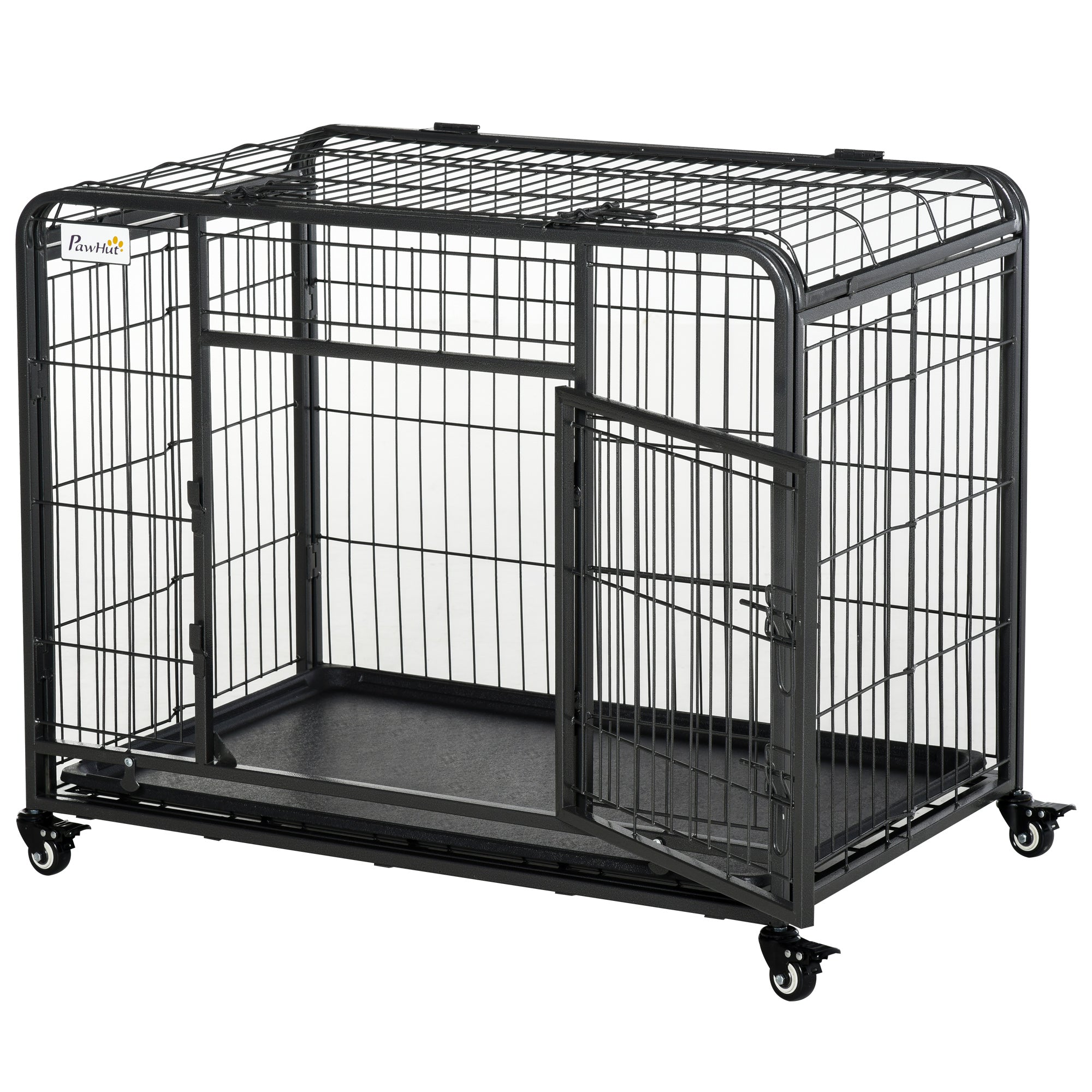 Folding Dog Kennel with Double Door and Lock, 4 Wheels with Brakes and Removable Bottom, 94x58x69.5 cm, Grey