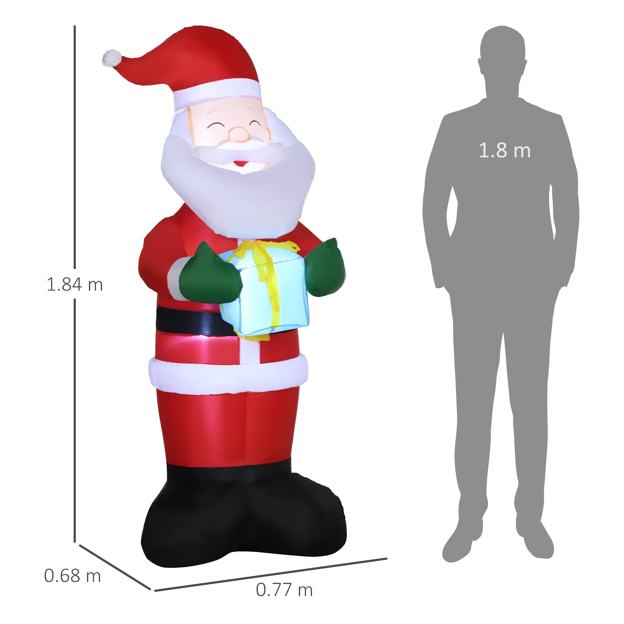 Inflatable Santa Claus with Gift, 3 LED Lights and Inflator Included, 77x68x184cm