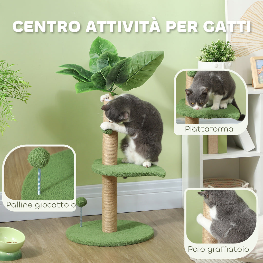 Cat Tree with Scratching Post, Platforms and Balls, Plush and Chipboard, Ø40x83 cm, Green