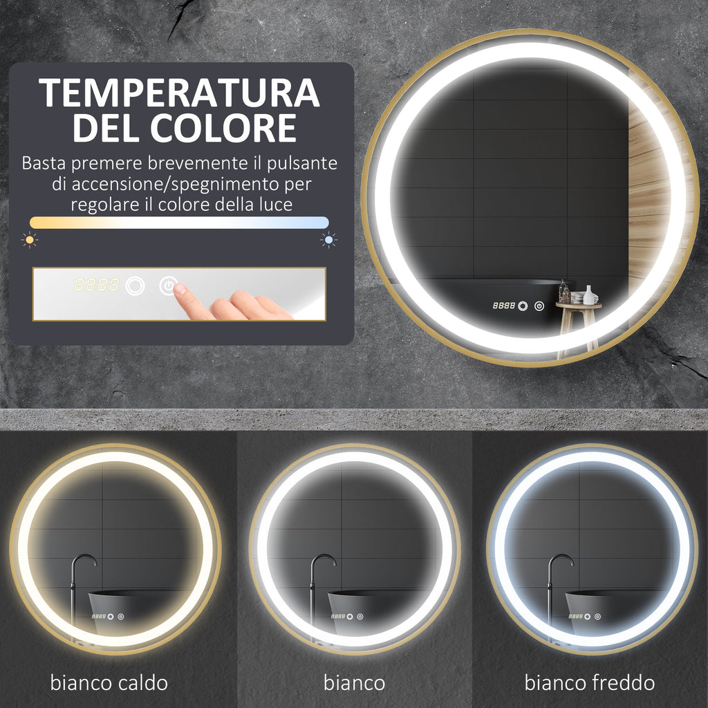 Bathroom Mirror with LED Light, 3-Tone Adjustable Brightness and Memory Function, Ø60 cm, Gold