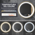 Bathroom Mirror with LED Light, 3-Tone Adjustable Brightness and Memory Function, Ø60 cm, Gold
