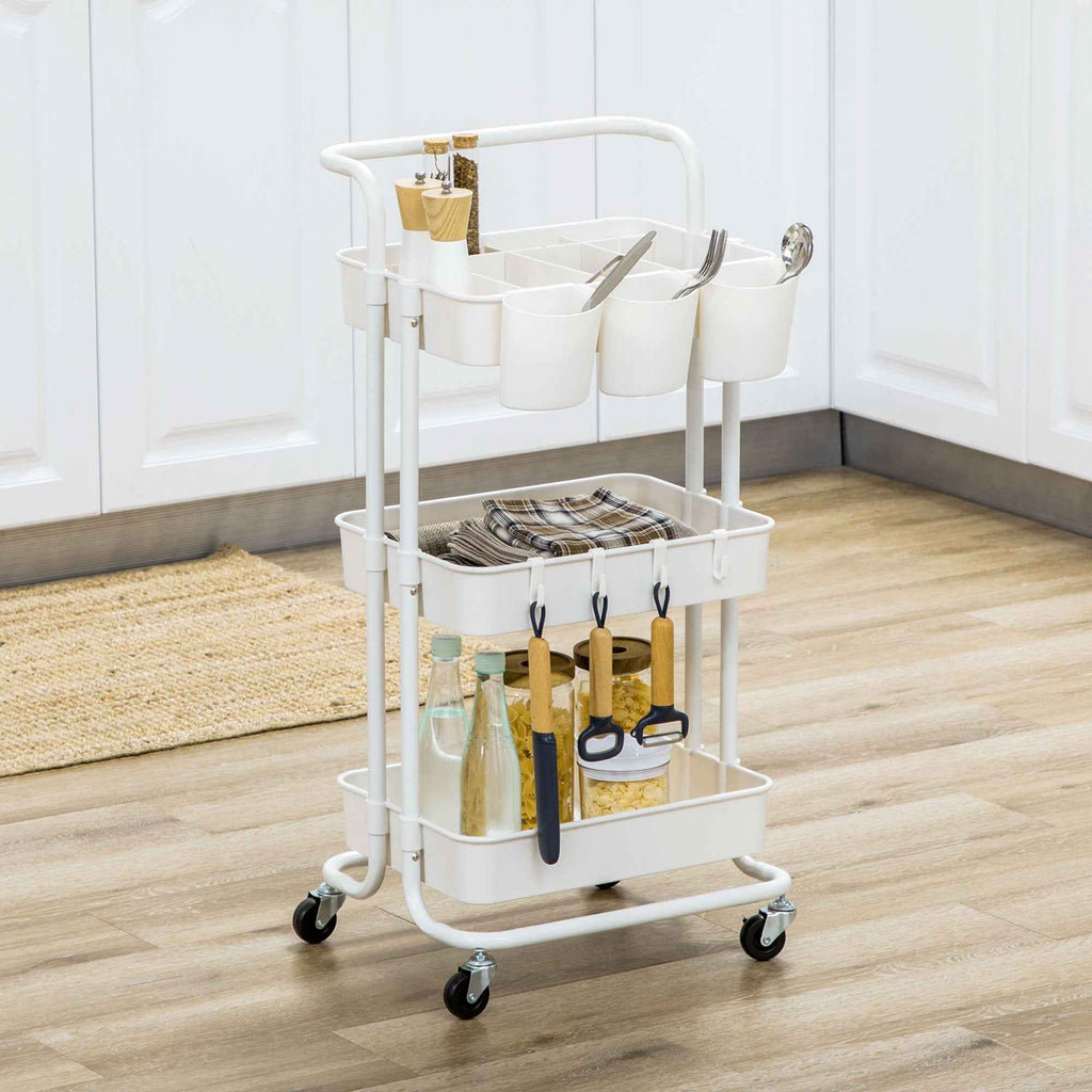 HOMCOM 3-Tier Multipurpose Kitchen Cart with Removable Baskets and Hooks, Shelf with 12 Dividers, White