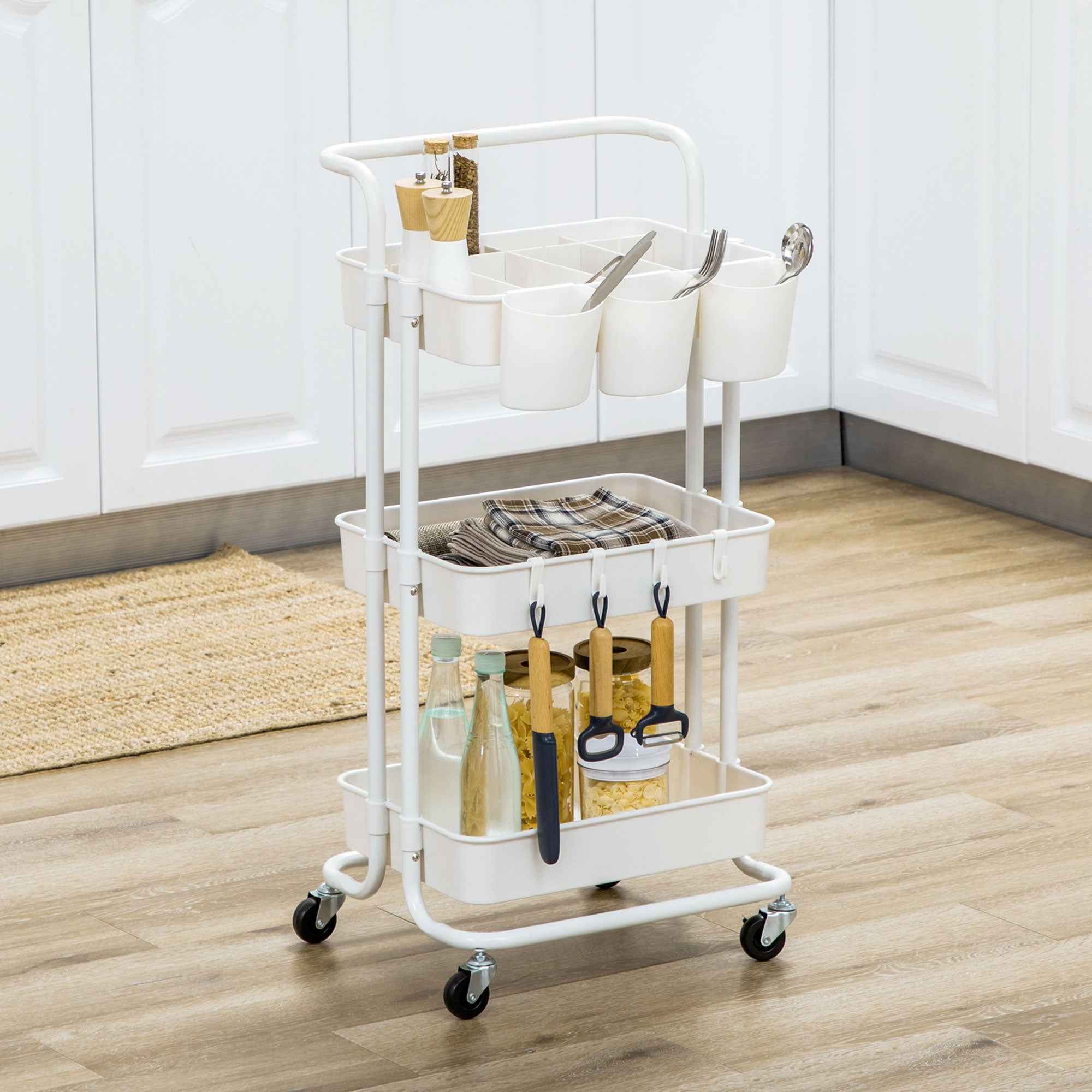 HOMCOM 3-Tier Multipurpose Kitchen Cart with Removable Baskets and Hooks, Shelf with 12 Dividers, White