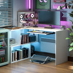 Modern Corner Desk with Sliding Keyboard Tray and 4-Tier Bookshelf, White