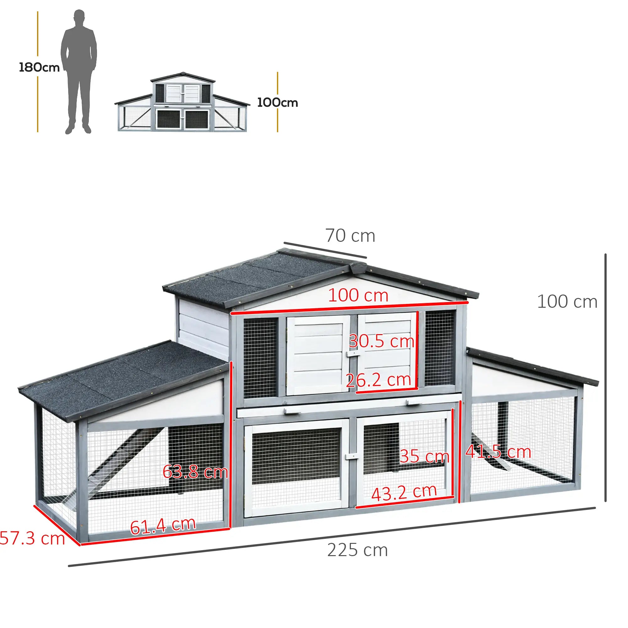 Outdoor Rabbit Hutch in Wood and Metal, Cage for 2-3 Rabbits or Rodents, Grey and White 225x70x100cm - Borge' Group Limited