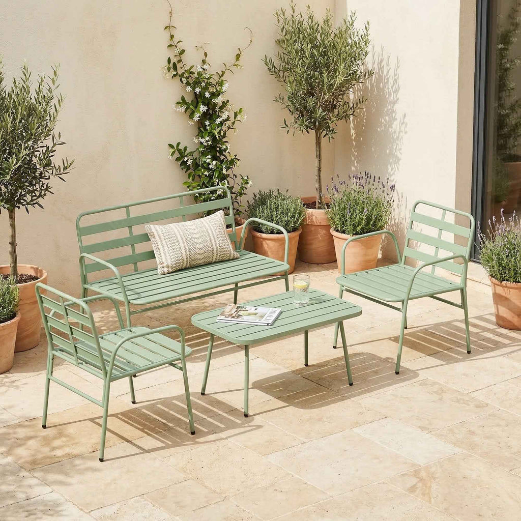 Outsunny 4-Piece Garden Set, Outdoor Metal Sofa with Slats, Green