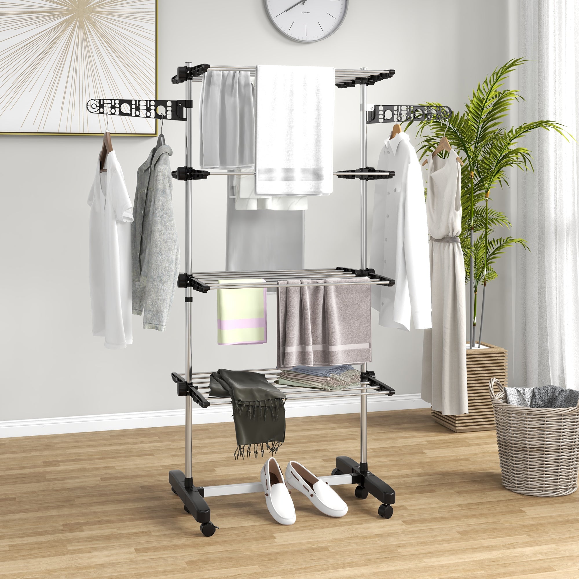 Vertical Clothes Drying Rack with 4 Adjustable Shelves, in Steel and Plastic, 142x55x172 cm, Black and Silver