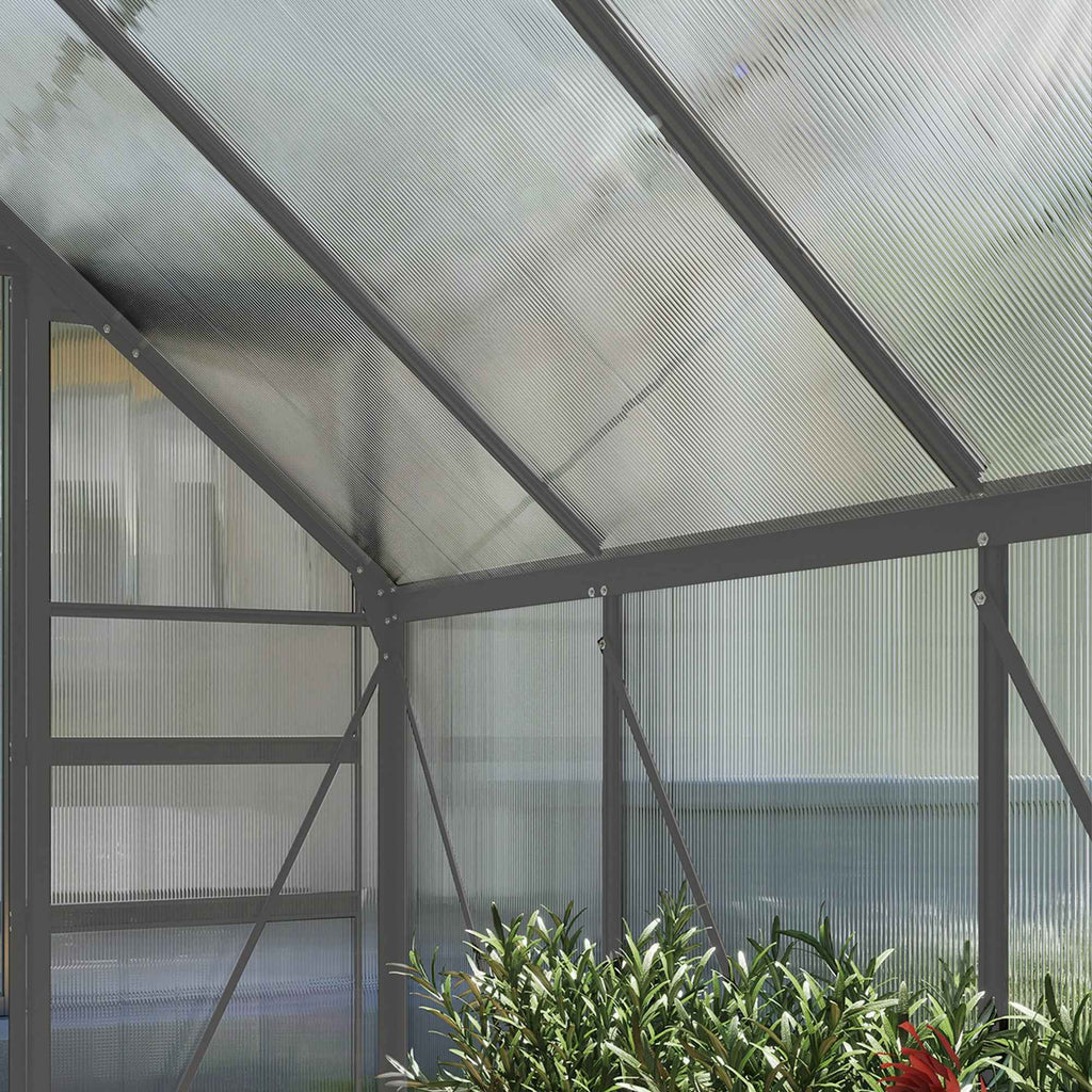 Outsunny Polycarbonate and Aluminum Greenhouse with Opening Window and Sliding Door, 190x253x199 cm, Dark Gray