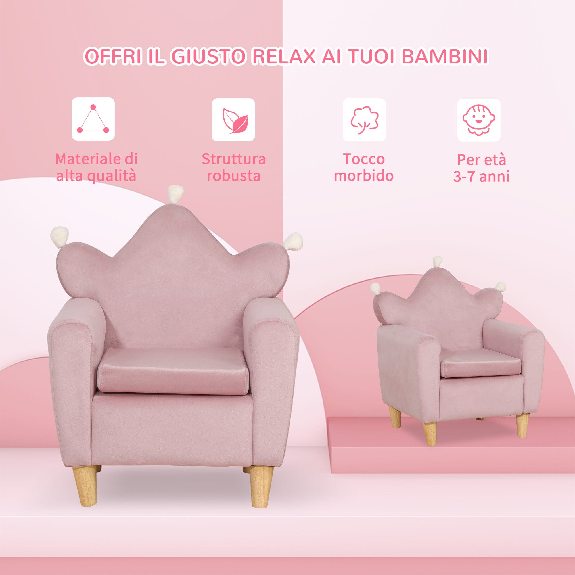 Pink Velvet Fabric Children's Armchair with Crown Backrest, 50.2 x 41.9 x 57.8 cm