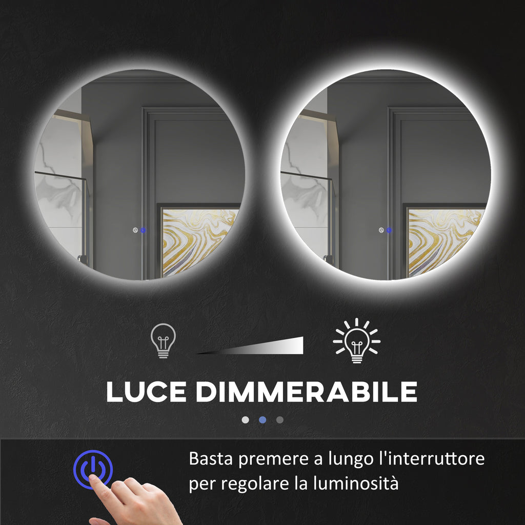 Bathroom Mirror with Dimmable LED Lights, Touch Switches and Anti-Fog Design, Ø70 cm