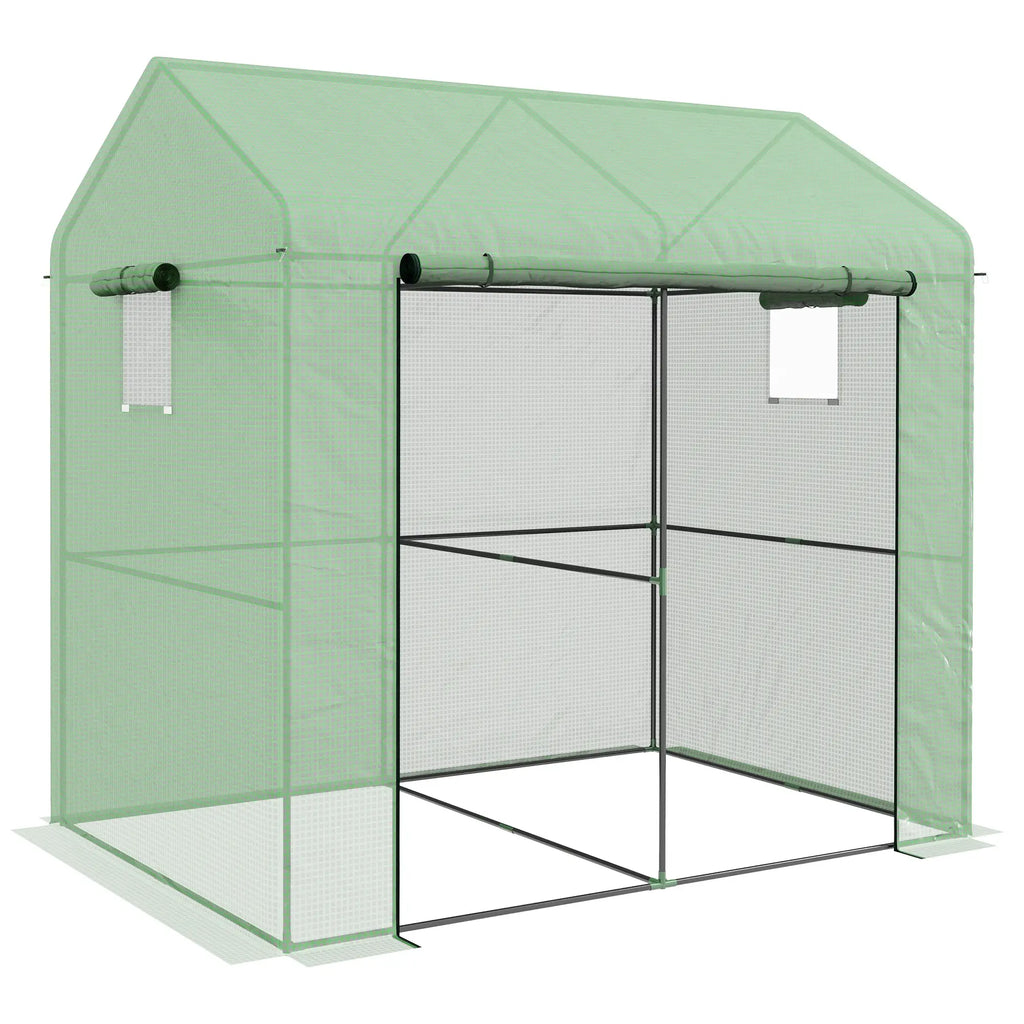 2-Section Greenhouse with Roller Door and Windows, Steel and PE, 200x140x200 cm, Green