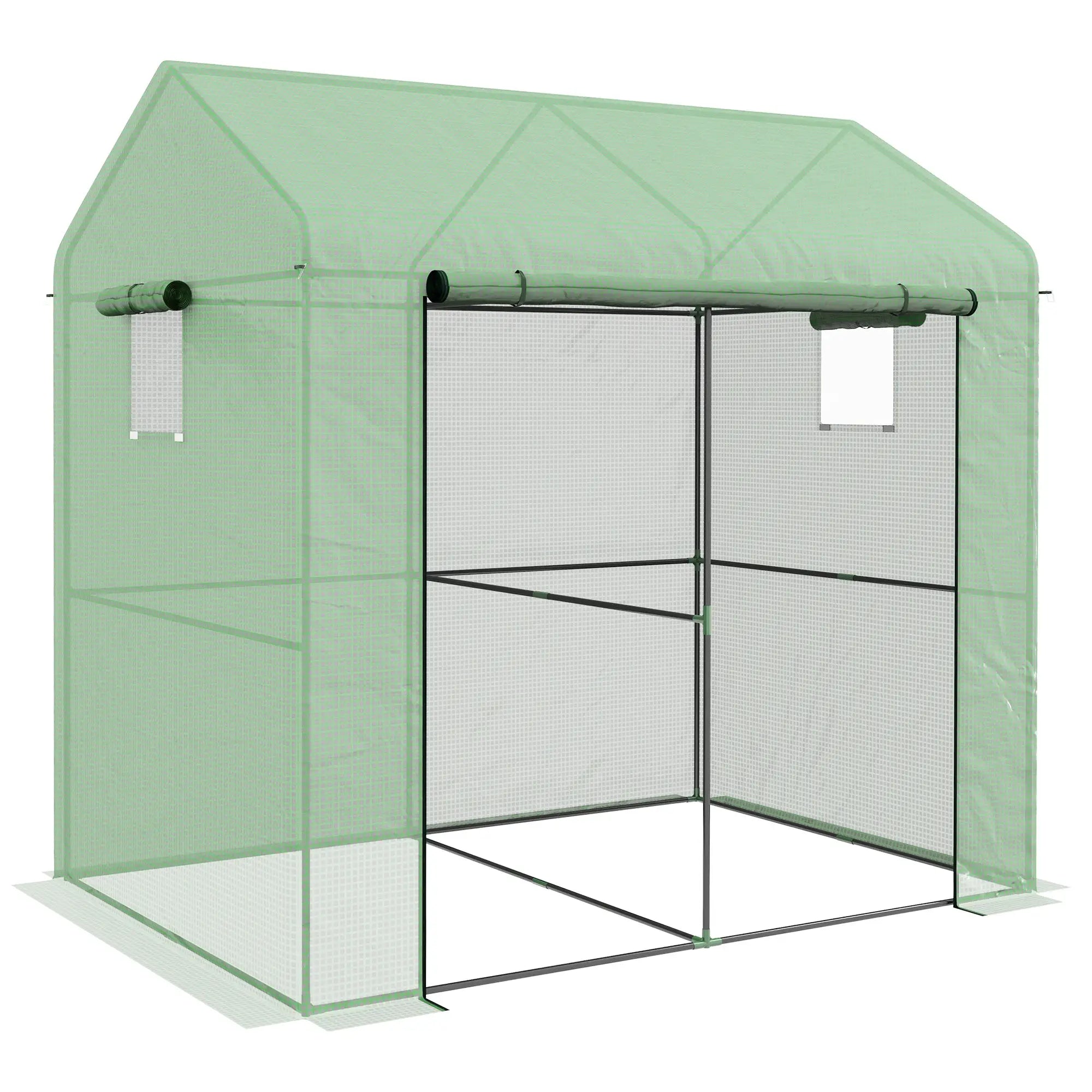 2-Section Greenhouse with Roller Door and Windows, Steel and PE, 200x140x200 cm, Green