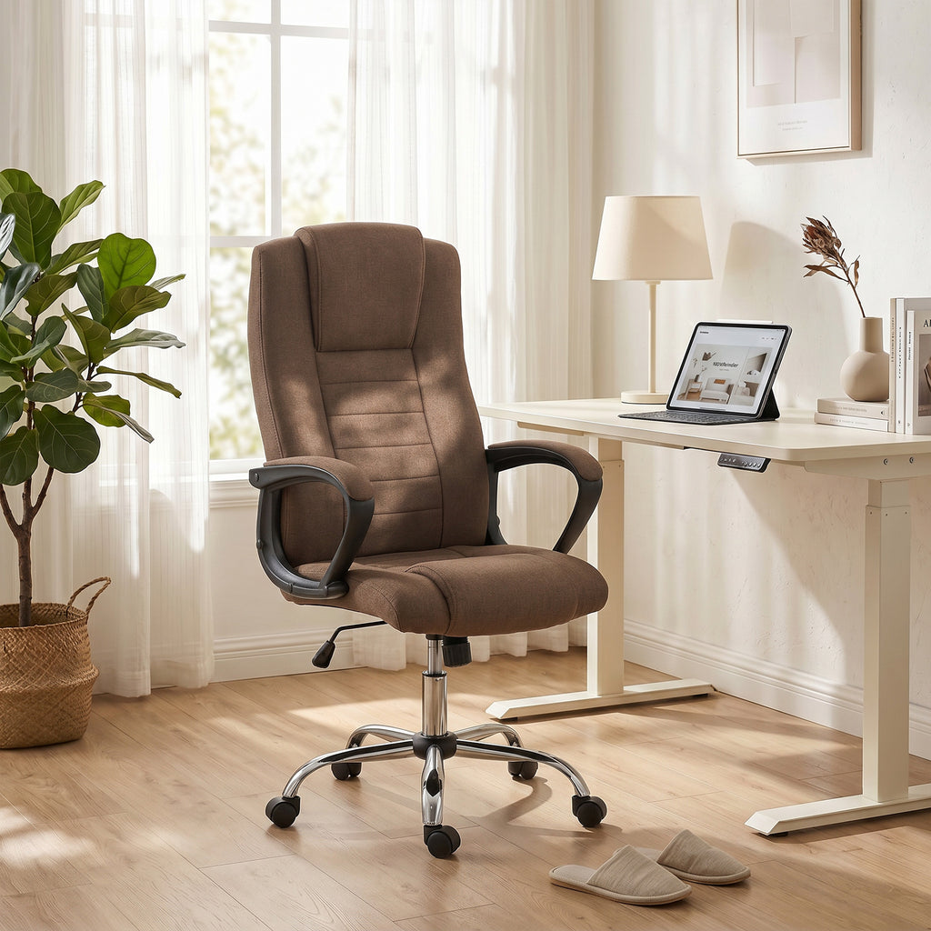 Vinsetto Ergonomic Reclining and Swivel Office Chair in Linen Effect Fabric with Headrest, Brown