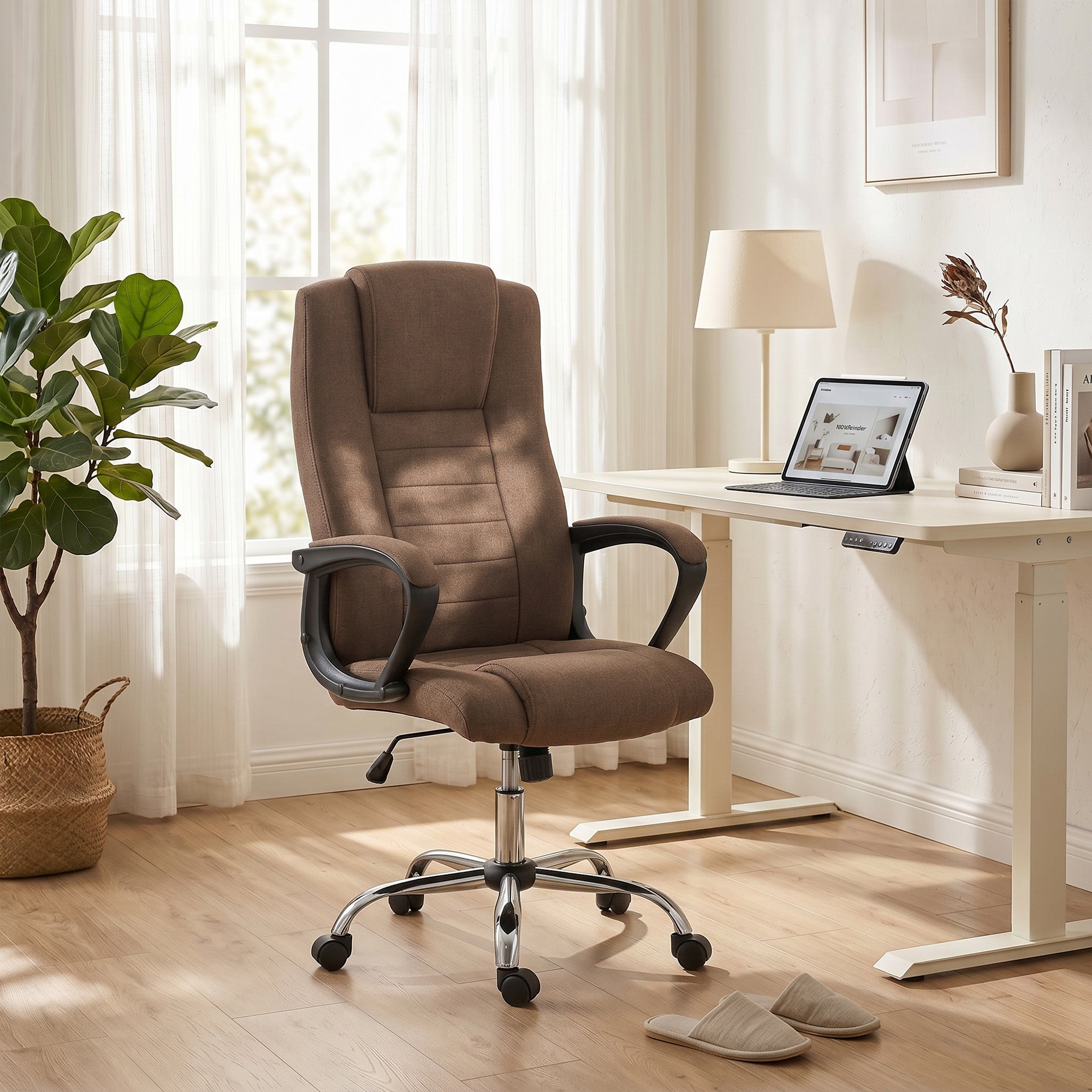 Vinsetto Ergonomic Reclining and Swivel Office Chair in Linen Effect Fabric with Headrest, Brown