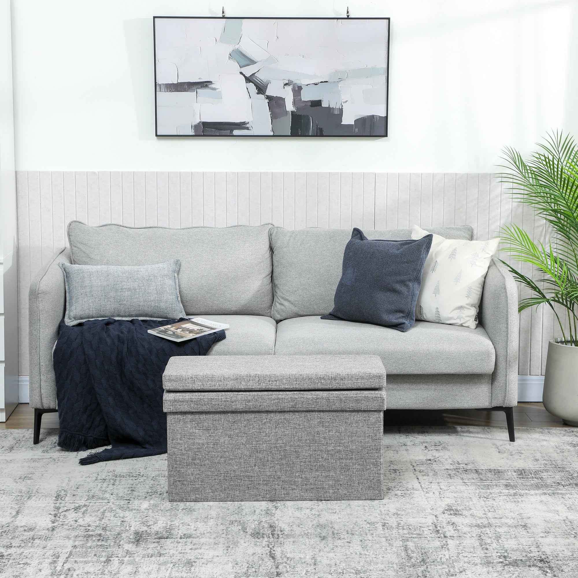 HOMCOM Folding Storage Bench with Backrest and 77L Storage Compartment, Fabric Upholstery, 76x50x73 cm, Grey