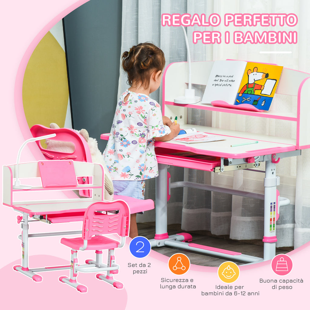 Children's Desk 6-12 Years Adjustable with LED Light, Bookstand and Pen Holder, in MDF, PP and Steel, Pink