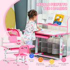Children's Desk 6-12 Years Adjustable with LED Light, Bookstand and Pen Holder, in MDF, PP and Steel, Pink