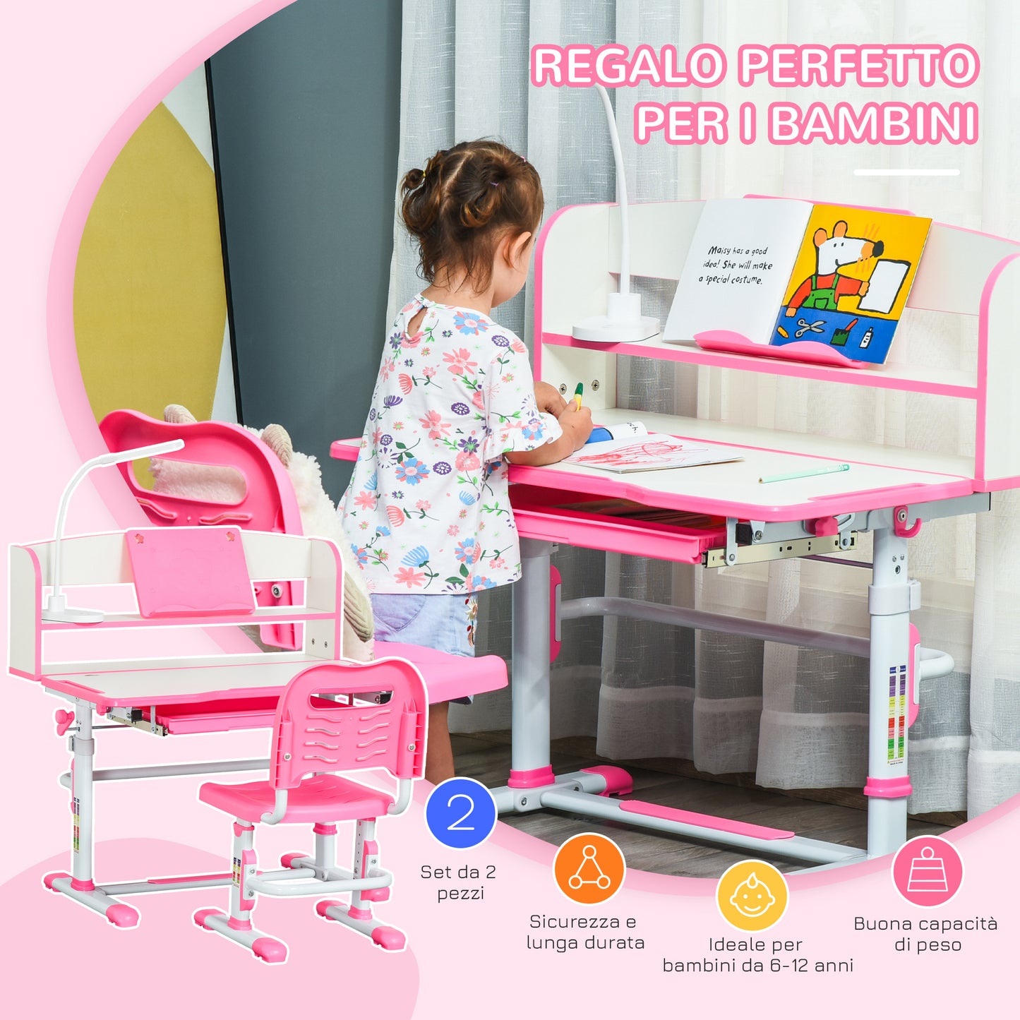 HOMCOM School Desk for Children 6-12 Years Adjustable with LED Light, Lectern and Pen Holder, MDF, PP and Steel, Pink