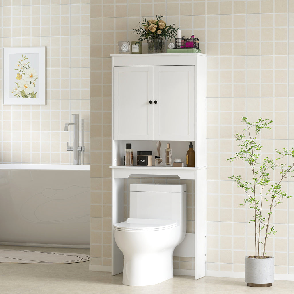 Over-the-Toilet Cabinet with 3 Closed Shelves and Open Shelf, Wooden, 65x22x161 cm, White