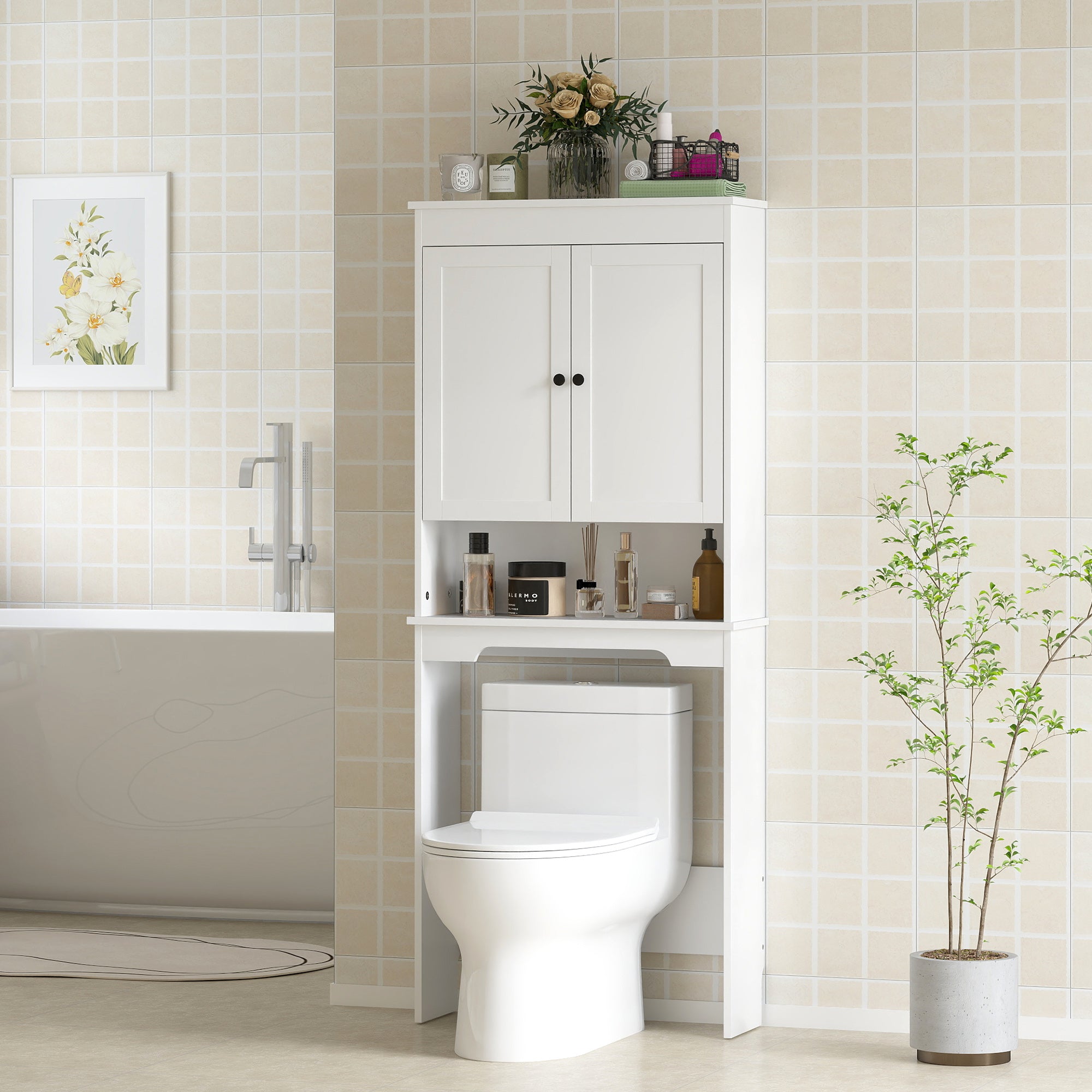 Over-the-Toilet Cabinet with 3 Closed Shelves and Open Shelf, Wooden, 65x22x161 cm, White