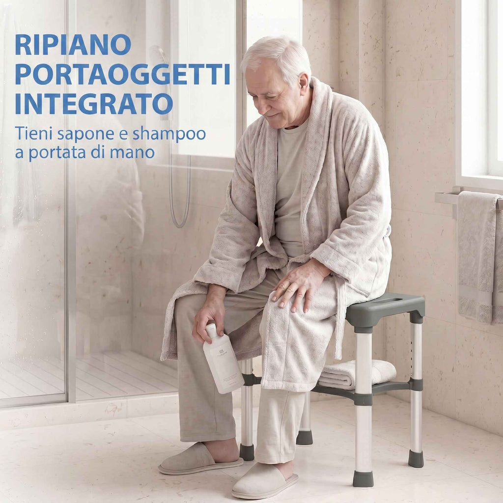 HOMCOM Aluminum Shower Stool with Integrated Shelf, 5-Level Adjustable Height, 150kg Load Capacity, Gray
