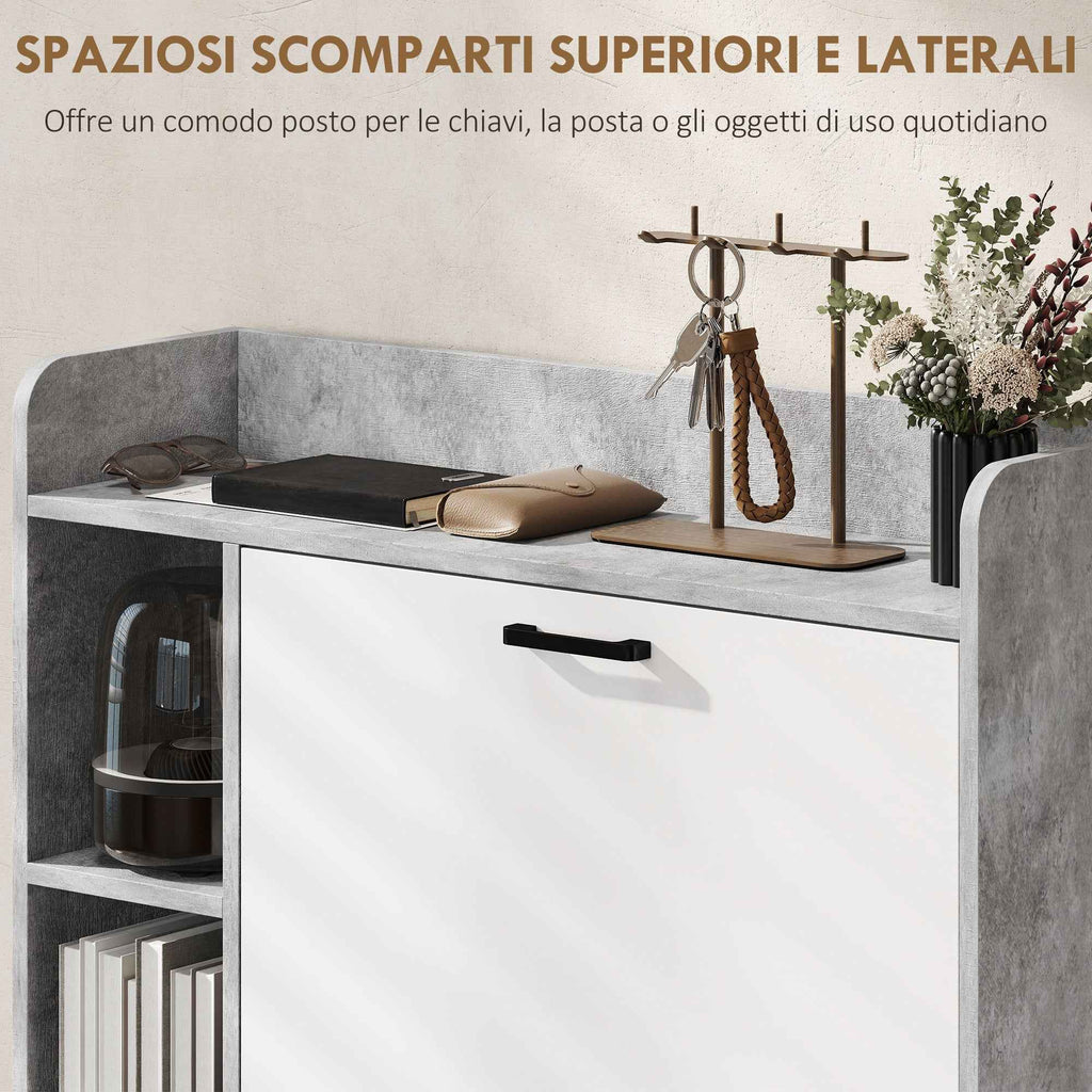 HOMCOM Slim Shoe Rack with 2 Tilting Drawers and 3 Open Compartments, Capacity 15 Shoes, 83x24x90.5 cm, Grey